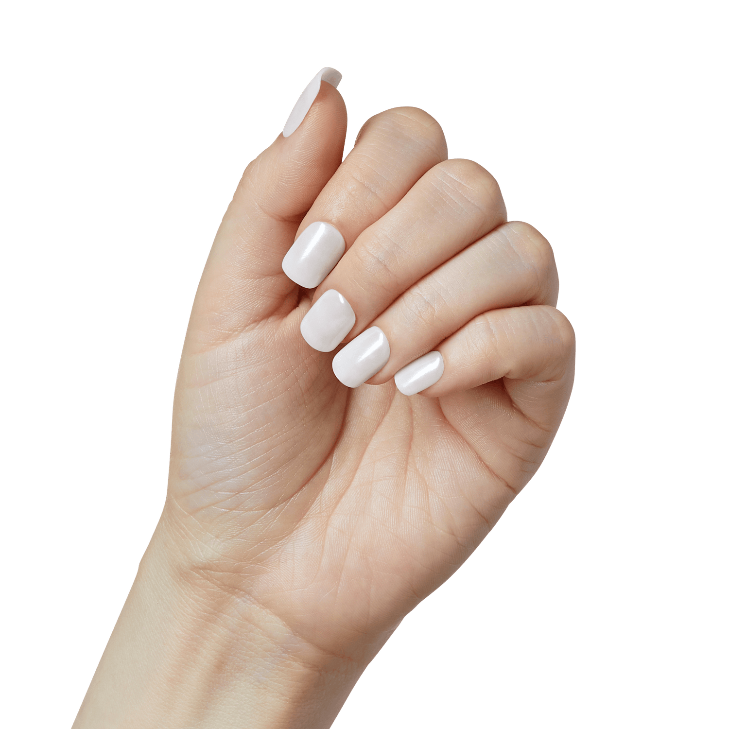The image shows a close-up of a hand with a light skin tone. The hand is positioned with the palm facing inward and the fingers slightly curled. The nails are neatly manicured and painted with a glossy white nail polish. The background is plain and white, keeping the focus on the hand and its well-groomed appearance.