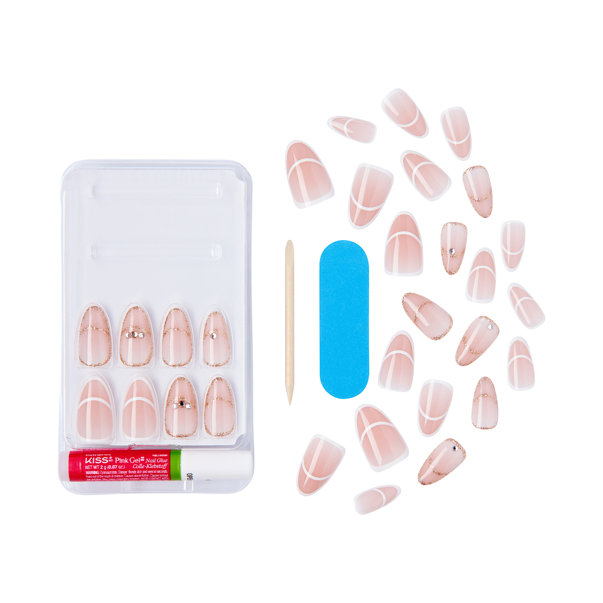 The image shows a set of artificial nails and related accessories. The set includes multiple artificial nails of varying sizes, each with a pink base color and white geometric designs. Some of the nails have small decorative elements, such as rhinestones. The set also includes a small wooden cuticle stick, a blue nail file, and a tube of adhesive for applying the nails. The items are arranged neatly, with the nails displayed both inside a clear plastic case and spread out around it.