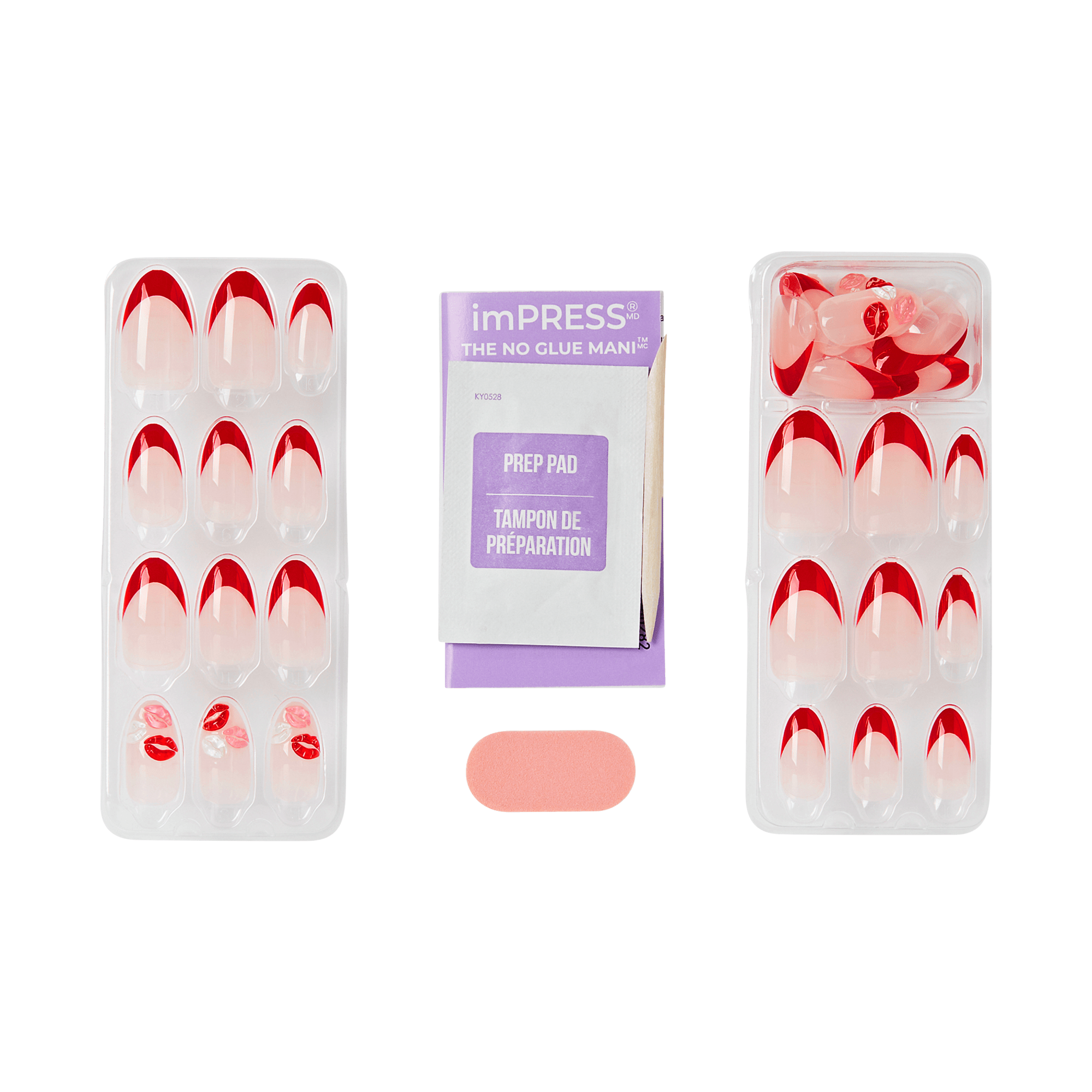 imPRESS No Glue Mani press-on nails with prep pad in red and pink ombre design.