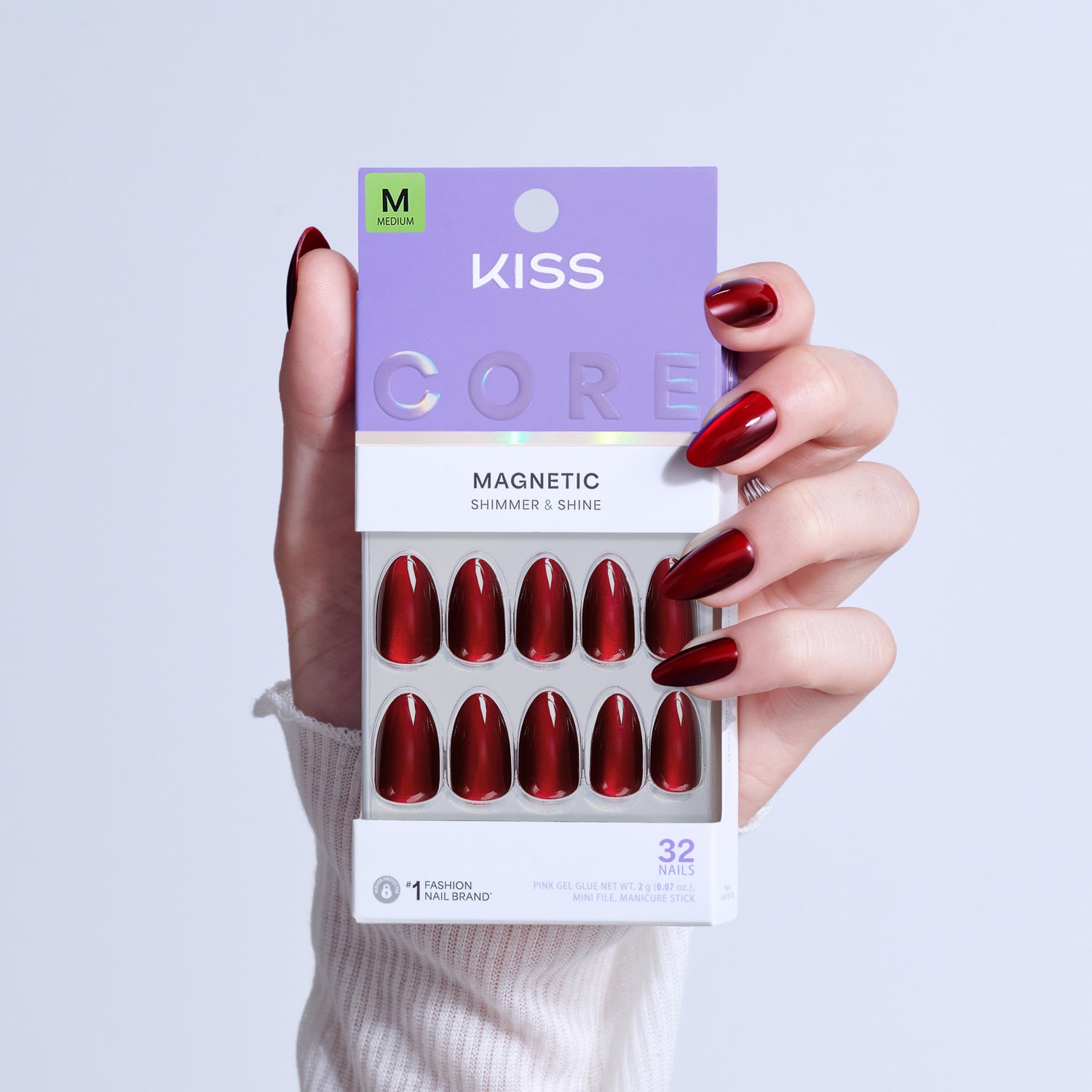 KISS Core Magnetic Shimmer &amp; Shine press-on nails in deep red, size Medium, 32 nails.
