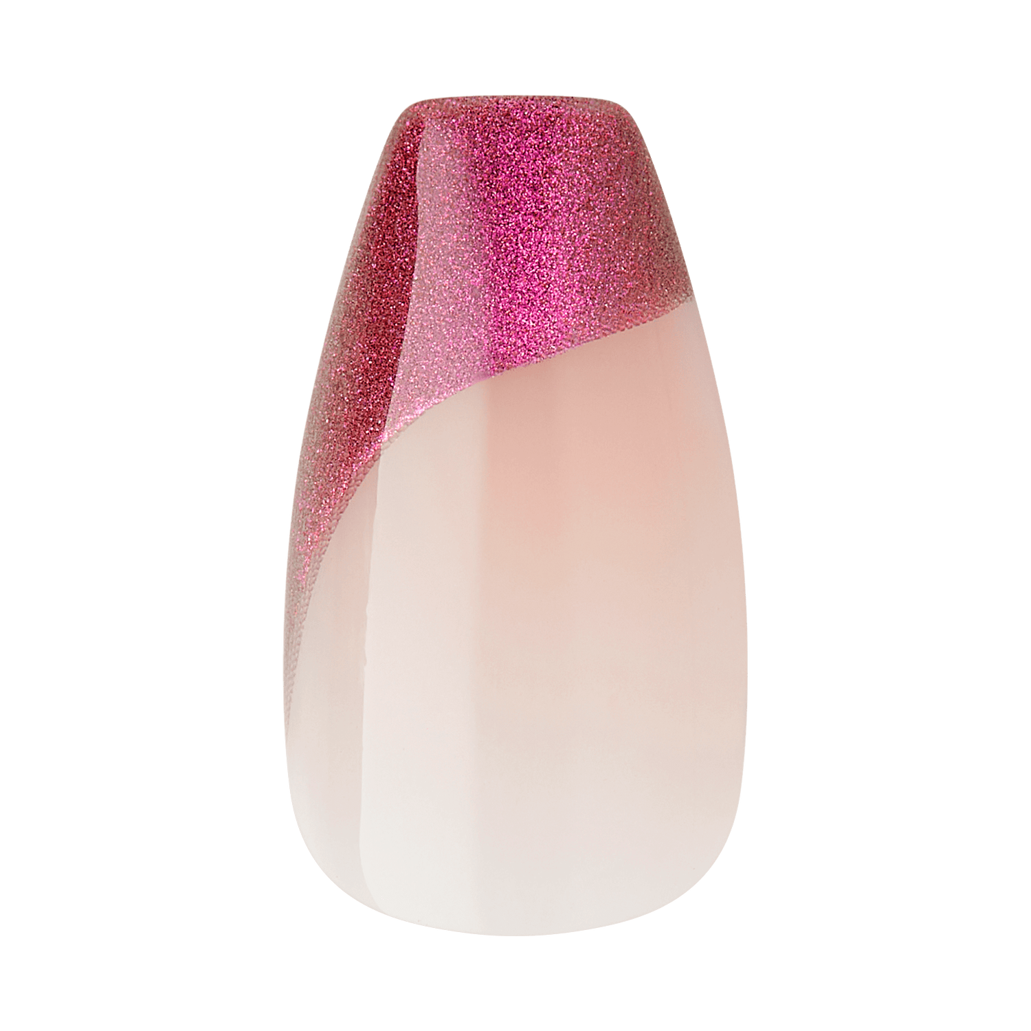 The image depicts a vase with a modern and elegant design. The vase has a smooth, glossy surface and features a gradient color scheme. The lower part of the vase is a soft, pale pink, transitioning into a vibrant, glittery pink towards the top. The glittery pink section has an asymmetrical, diagonal cut, adding a dynamic and stylish touch to the overall appearance. The vase has a rounded, slightly tapered shape, giving it a sleek and contemporary look.