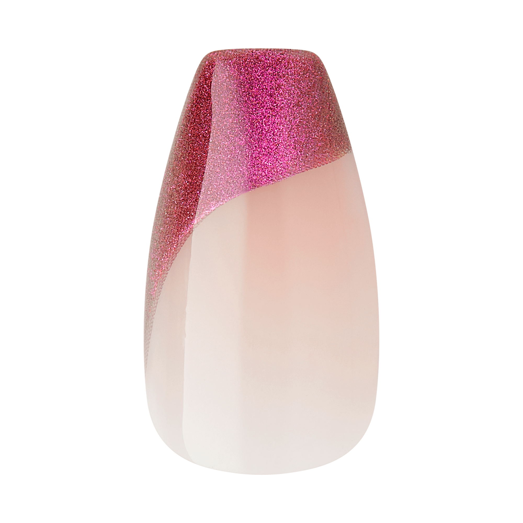 The image depicts a vase with a modern and elegant design. The vase has a smooth, glossy surface and features a gradient color scheme. The lower part of the vase is a soft, pale pink, transitioning into a vibrant, glittery pink towards the top. The glittery pink section has an asymmetrical, diagonal cut, adding a dynamic and stylish touch to the overall appearance. The vase has a rounded, slightly tapered shape, giving it a sleek and contemporary look.