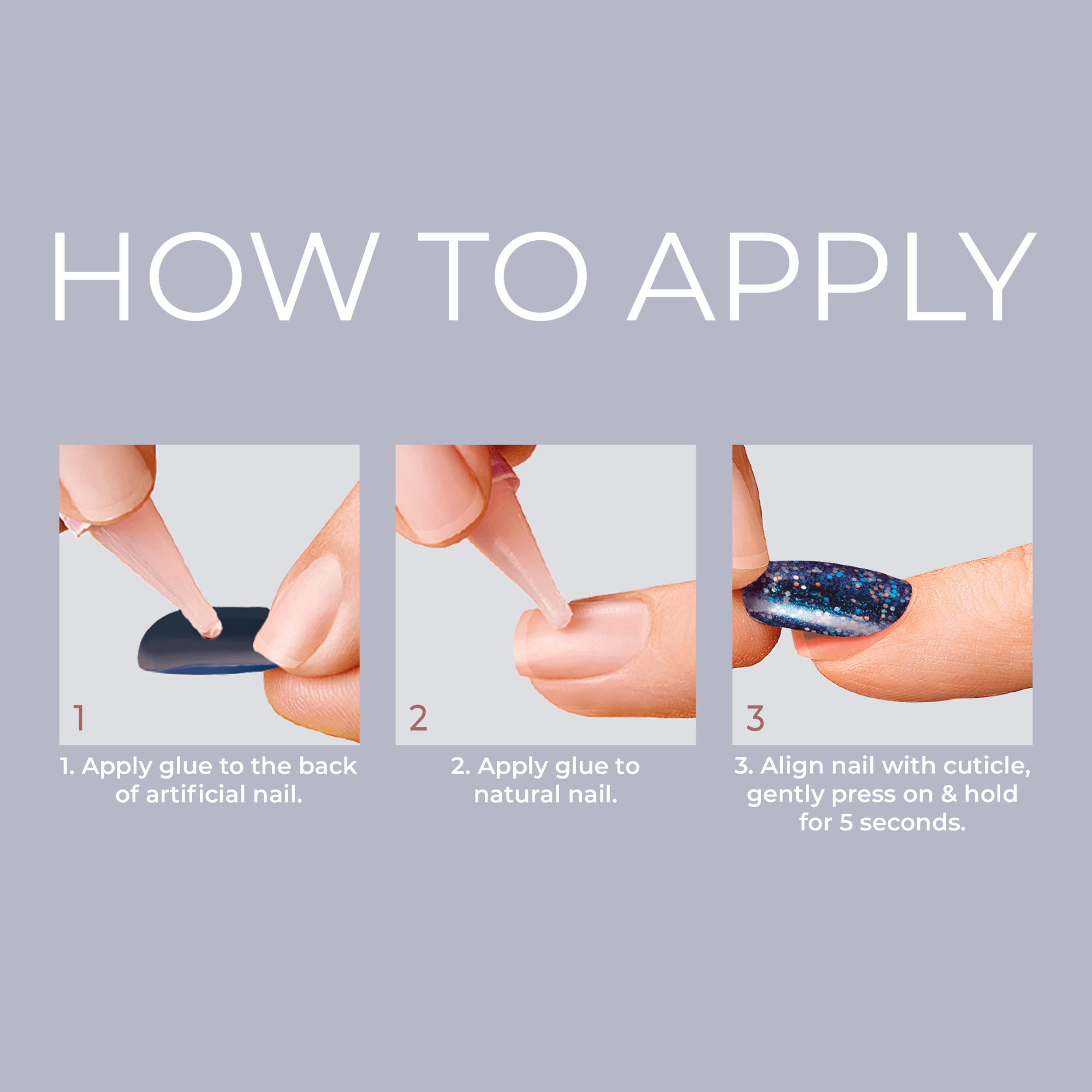 Step-by-step application instructions showing glue being applied to the back of a dark artificial nail, then to a natural nail, followed by aligning and pressing the glittery blue press-on nail onto the natural nail for 5 seconds.