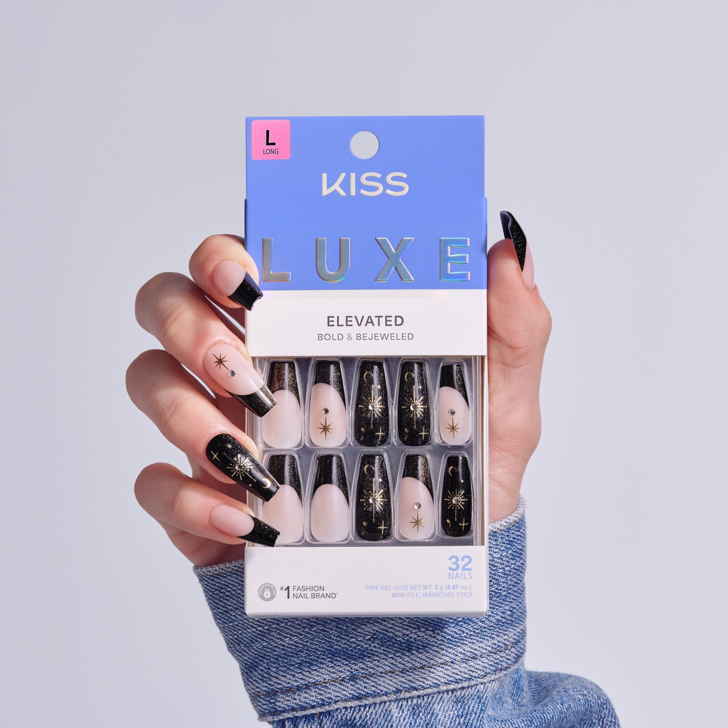 KISS Luxe Elevated press-on nails in black and nude with gold star designs, size L, 32 nails.