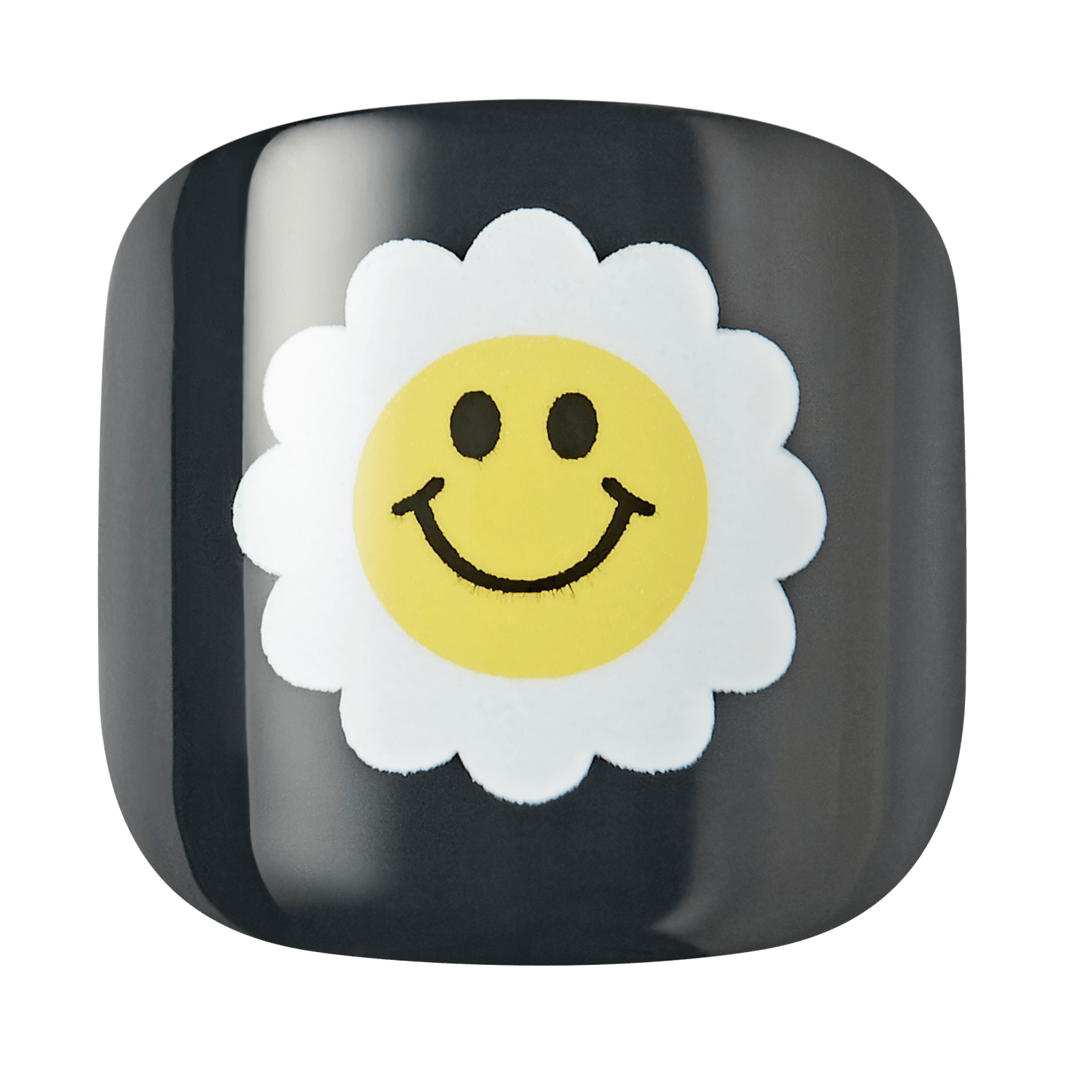 The image features a black square-shaped object with a cheerful design. At the center, there is a bright yellow smiley face surrounded by a white flower-like petal shape. The smiley has a simple, friendly expression, characterized by two small eyes and a wide smile, creating a playful and positive vibe. The overall aesthetic is vibrant and whimsical.