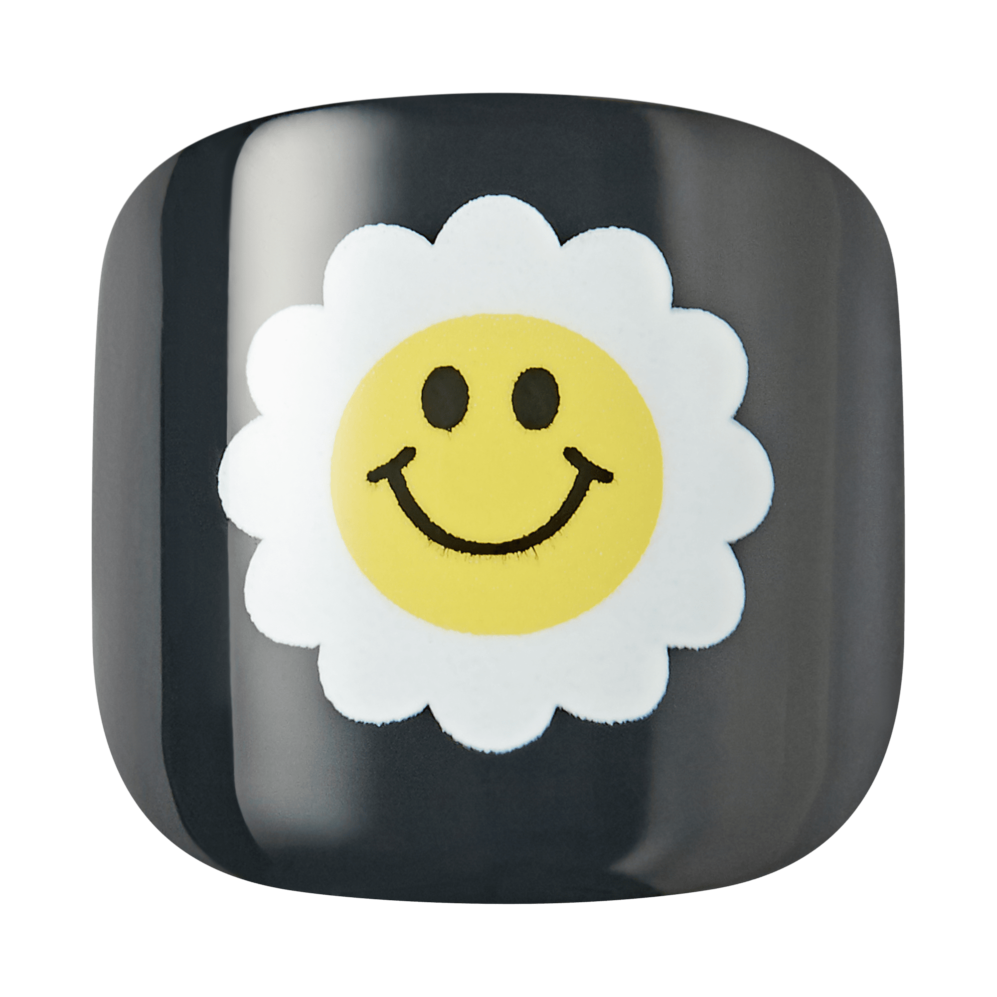The image features a black square-shaped object with a cheerful design. At the center, there is a bright yellow smiley face surrounded by a white flower-like petal shape. The smiley has a simple, friendly expression, characterized by two small eyes and a wide smile, creating a playful and positive vibe. The overall aesthetic is vibrant and whimsical.
