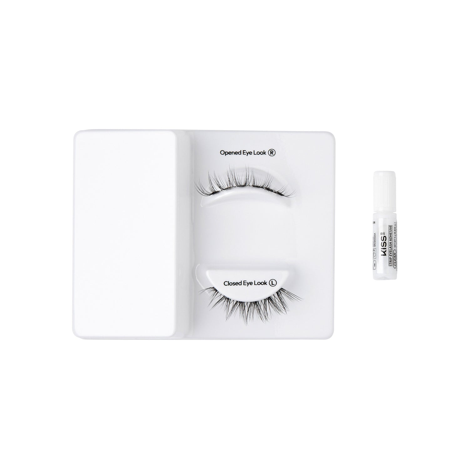 The image features a set of false eyelashes displayed on a white tray. There are two pairs of lashes: one labeled "Opened Eye Look" and the other labeled "Closed Eye Look." Next to the lashes, there is a small tube of adhesive, likely used for applying the lashes. The overall presentation is clean and organized, highlighting the different styles of lashes available.