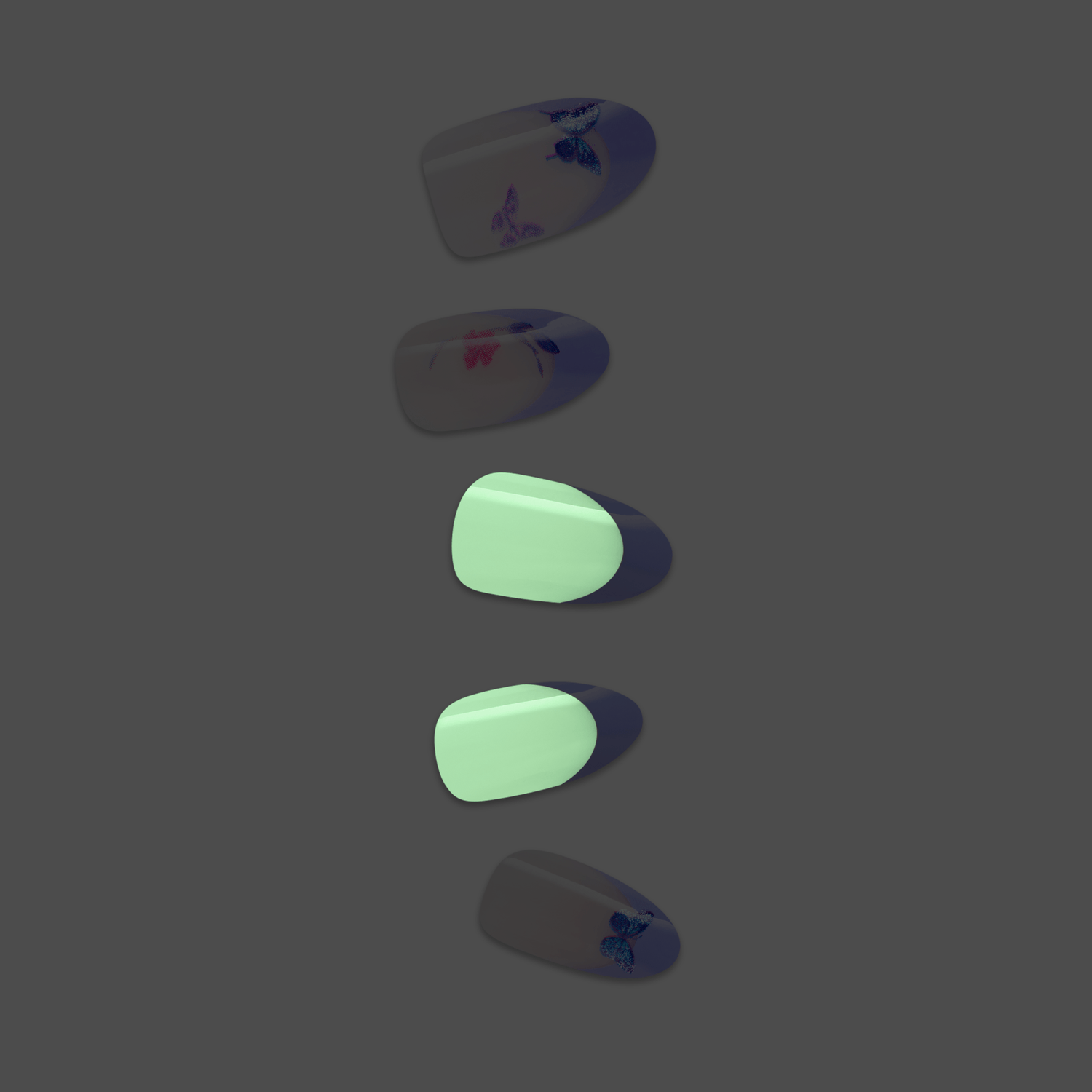 Five glowing oval stones arranged vertically, two bright green, three darker with floral designs.