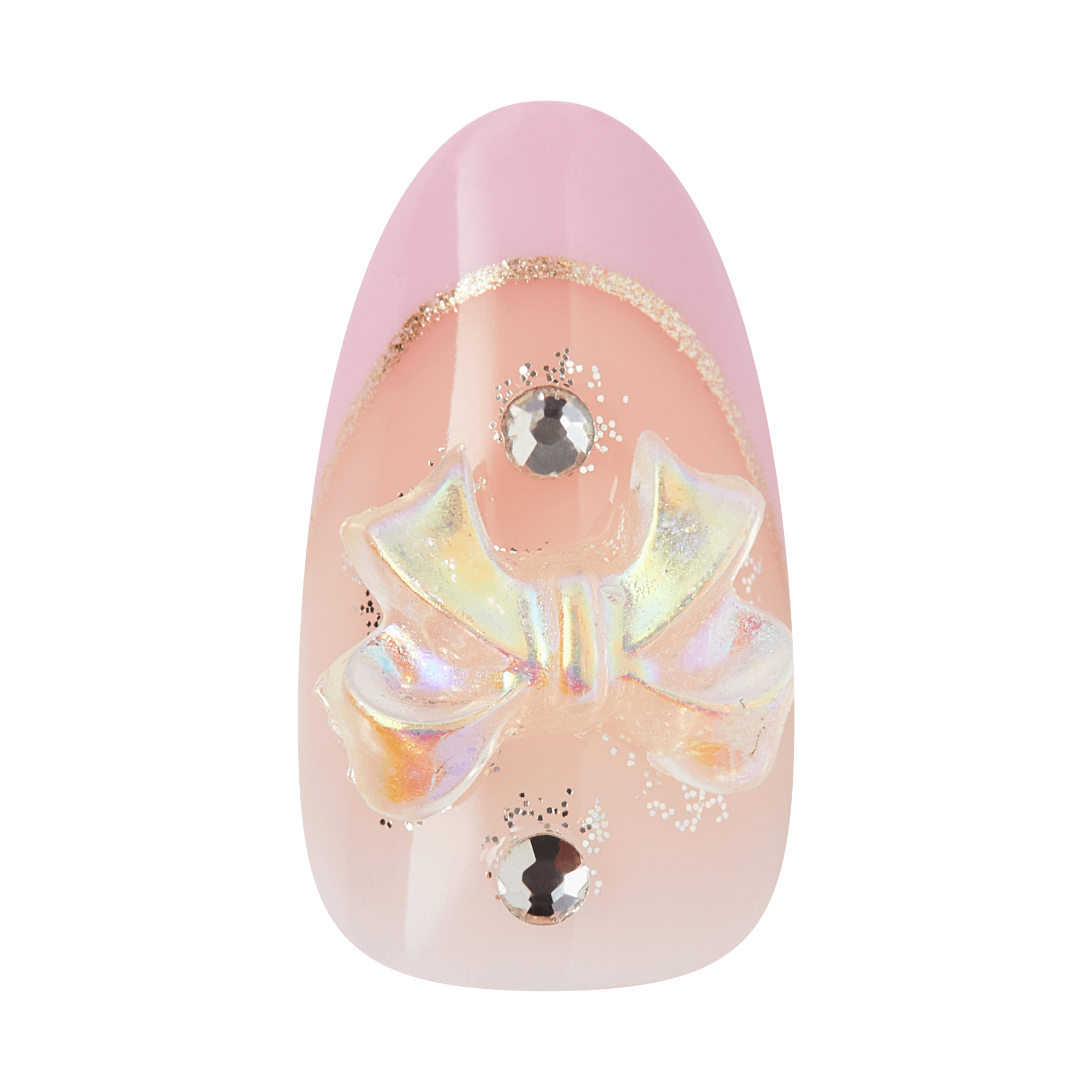 Almond-shaped nail with pink ombre, gold glitter, iridescent bow, and rhinestone accents.