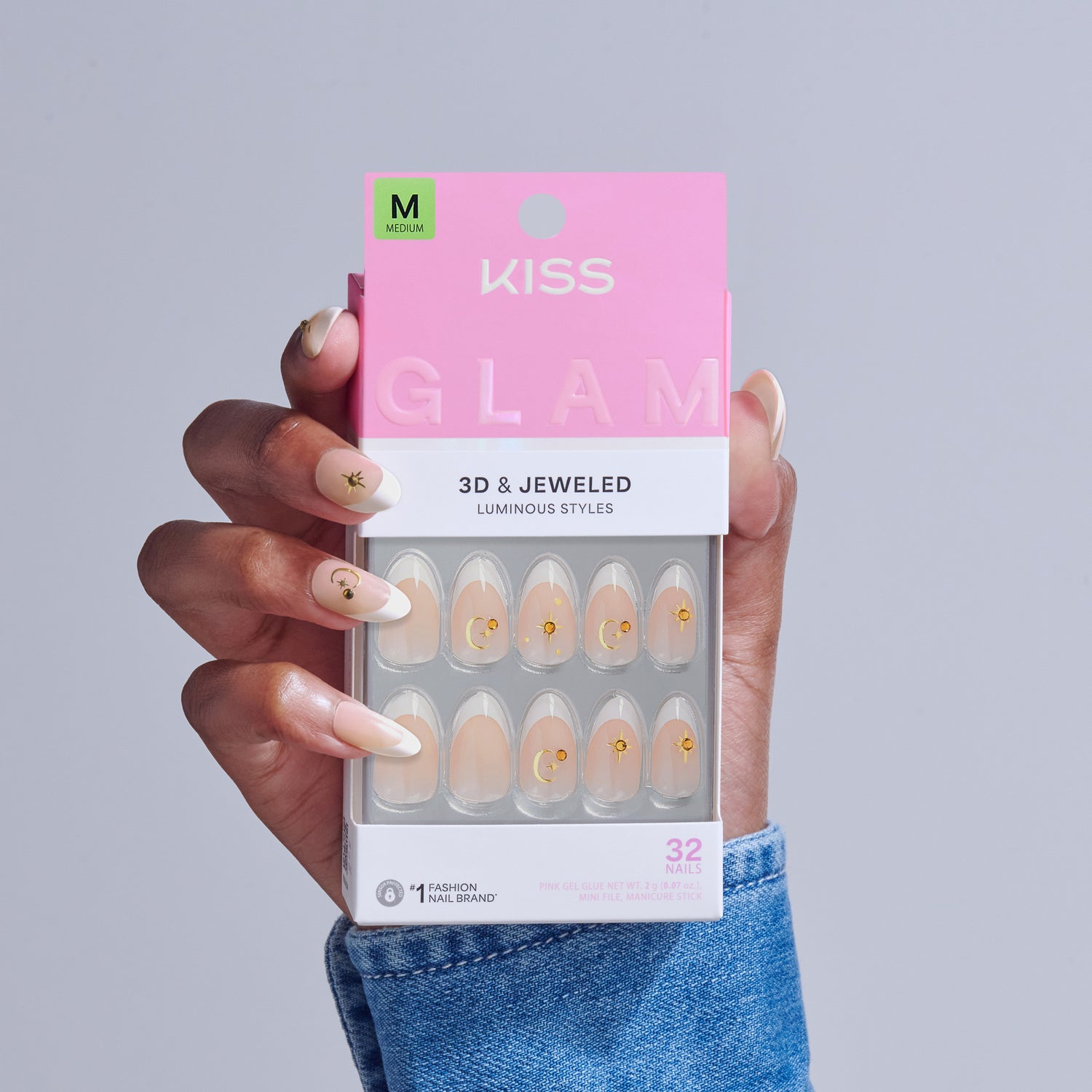 KISS Glam 3D &amp; Jeweled Medium False Nails, 32 Count, Gold Accents