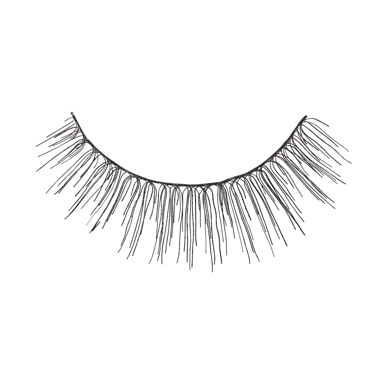 Single black false eyelash with long, thin, separated strands arranged in a curved shape, shown against a white background.