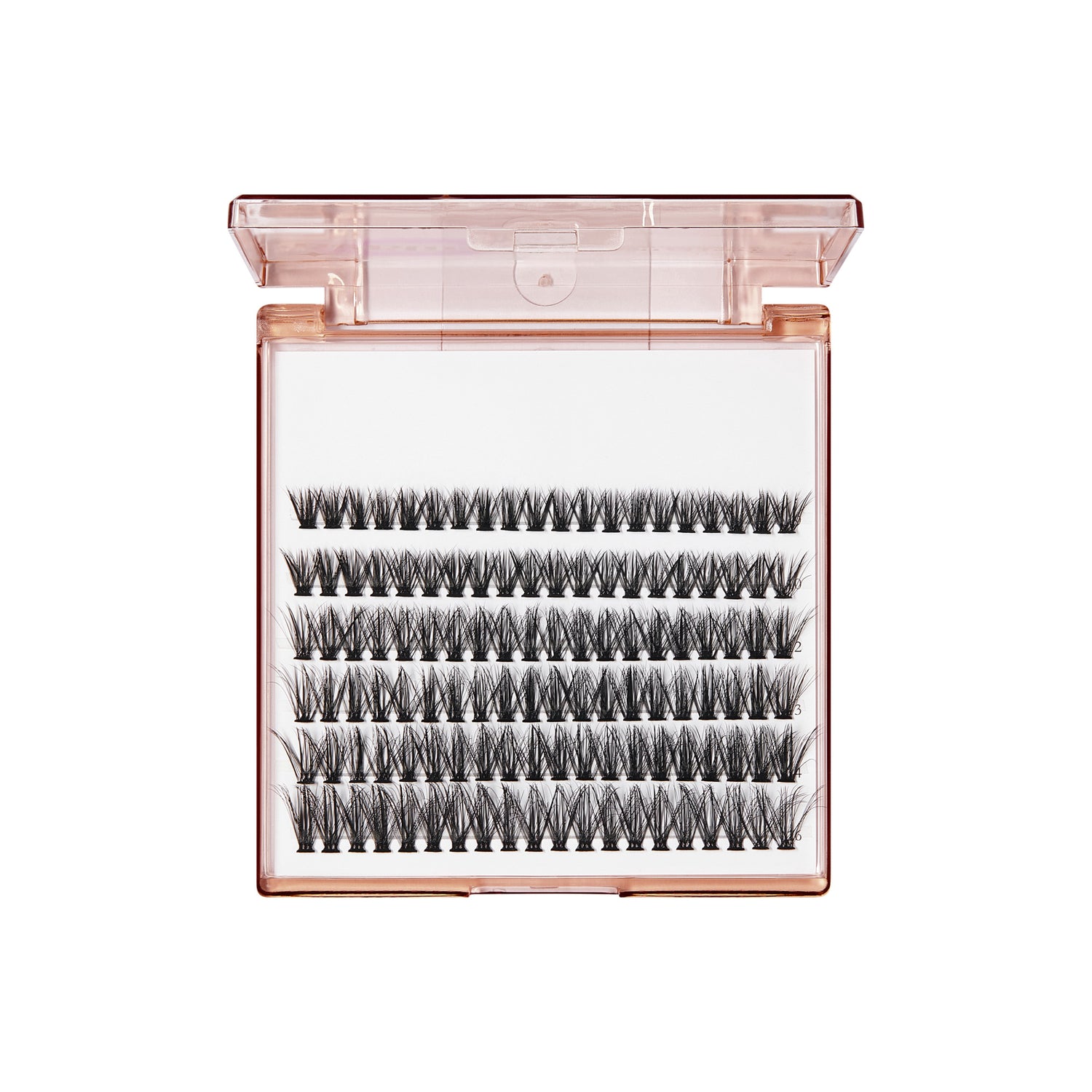 The image features a clear, rectangular case containing multiple rows of false eyelashes. The lashes are arranged neatly, showcasing a variety of lengths and styles, all in a dark color. The case has a light pink or rose gold hue, adding a touch of elegance to the overall presentation. The background is white, which highlights the lashes and makes them the focal point of the image.