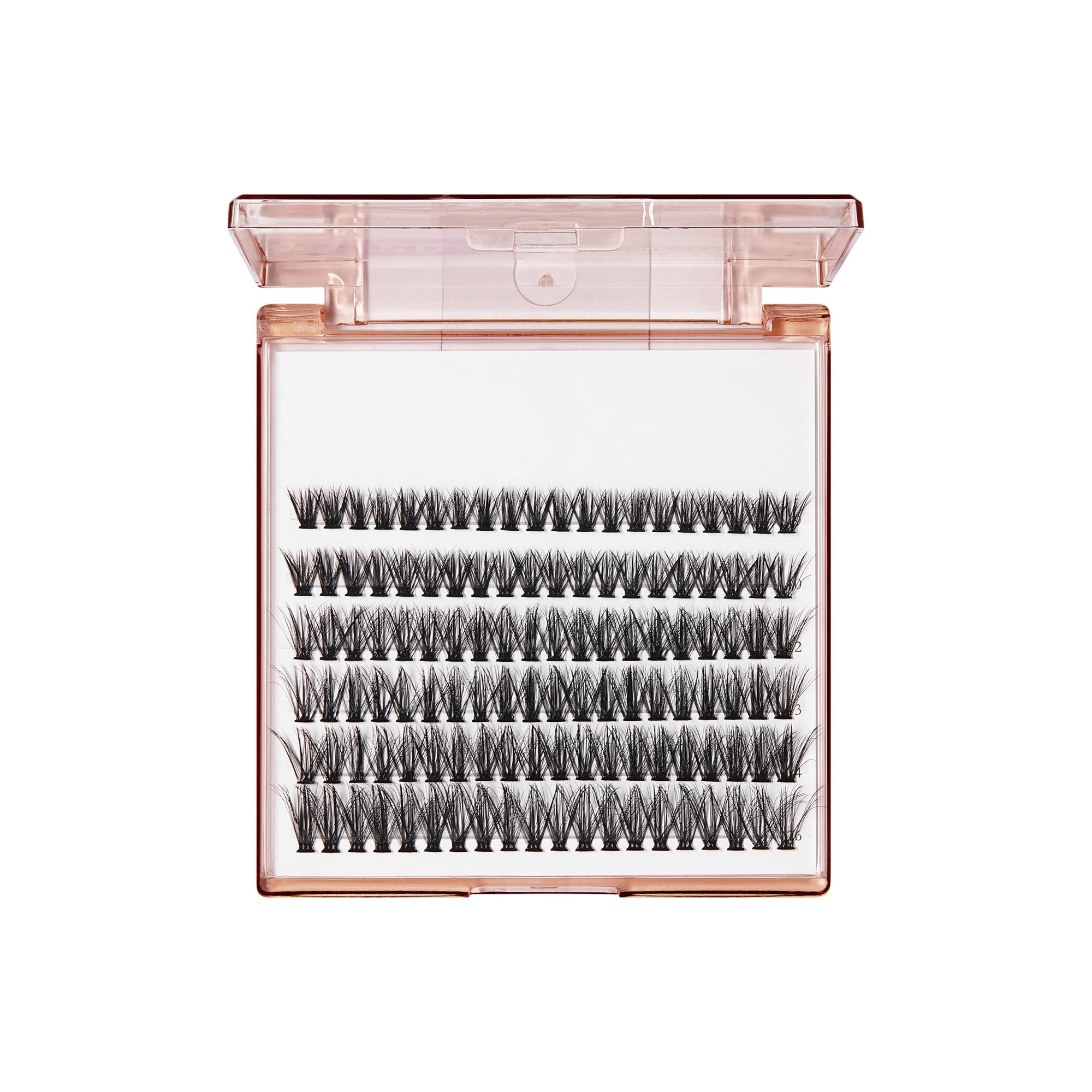 The image features a clear, rectangular case containing multiple rows of false eyelashes. The lashes are arranged neatly, showcasing a variety of lengths and styles, all in a dark color. The case has a light pink or rose gold hue, adding a touch of elegance to the overall presentation. The background is white, which highlights the lashes and makes them the focal point of the image.