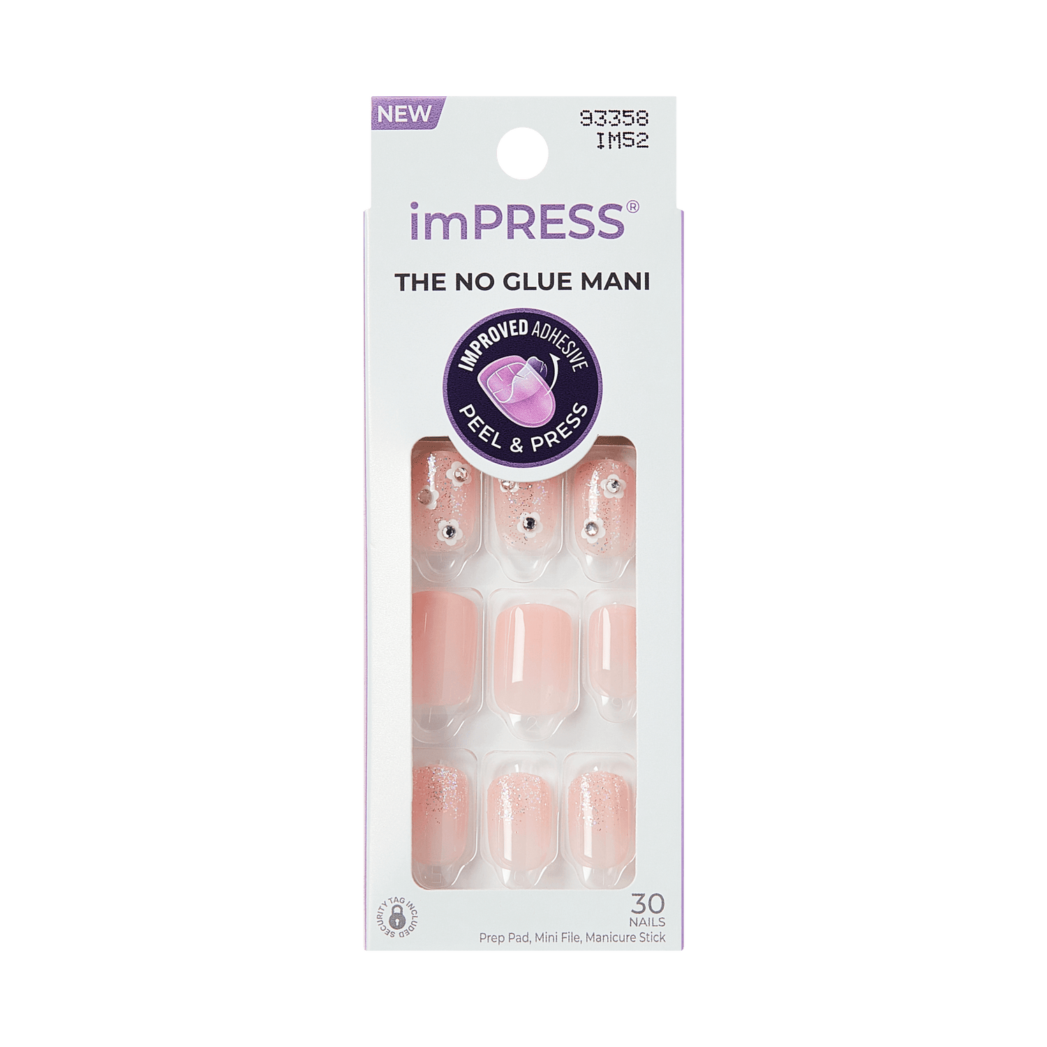 imPRESS The No Glue Mani press-on nails in pink with rhinestone accents, 30 nails