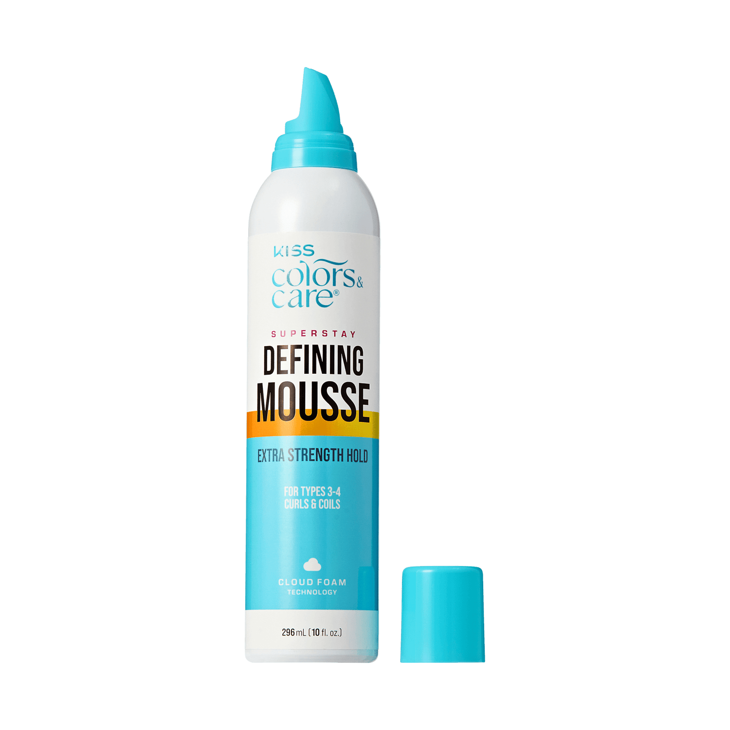 Kiss Colors &amp; Care Defining Mousse bottle with blue cap on a green background