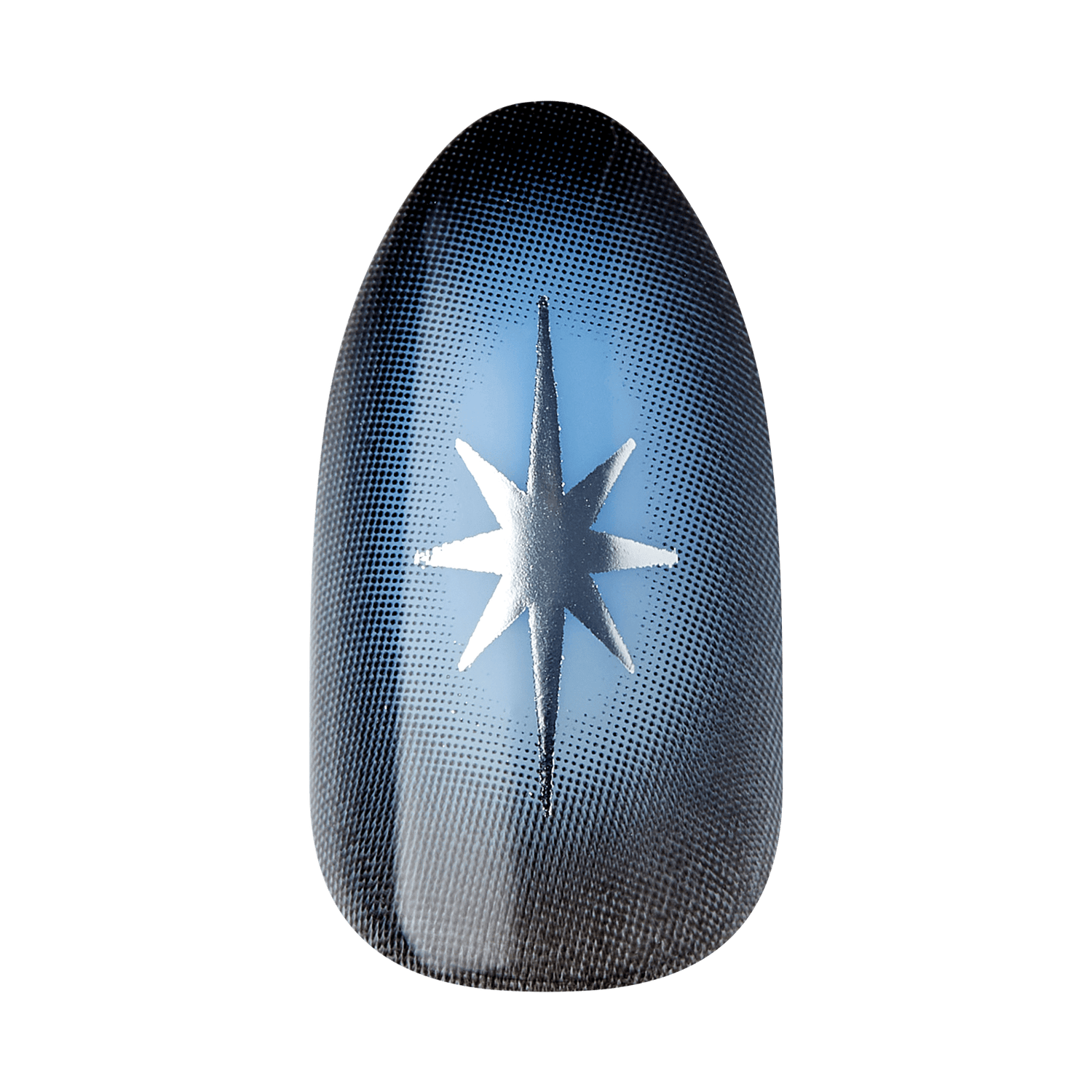 The image shows a single artificial nail with a detailed design. The nail features a gradient background that transitions from black at the base to a lighter blue towards the center. In the middle of the nail, there is a prominent white star with eight points, creating a striking contrast against the gradient background. The design is sleek and modern, with a glossy finish that adds to its visual appeal.