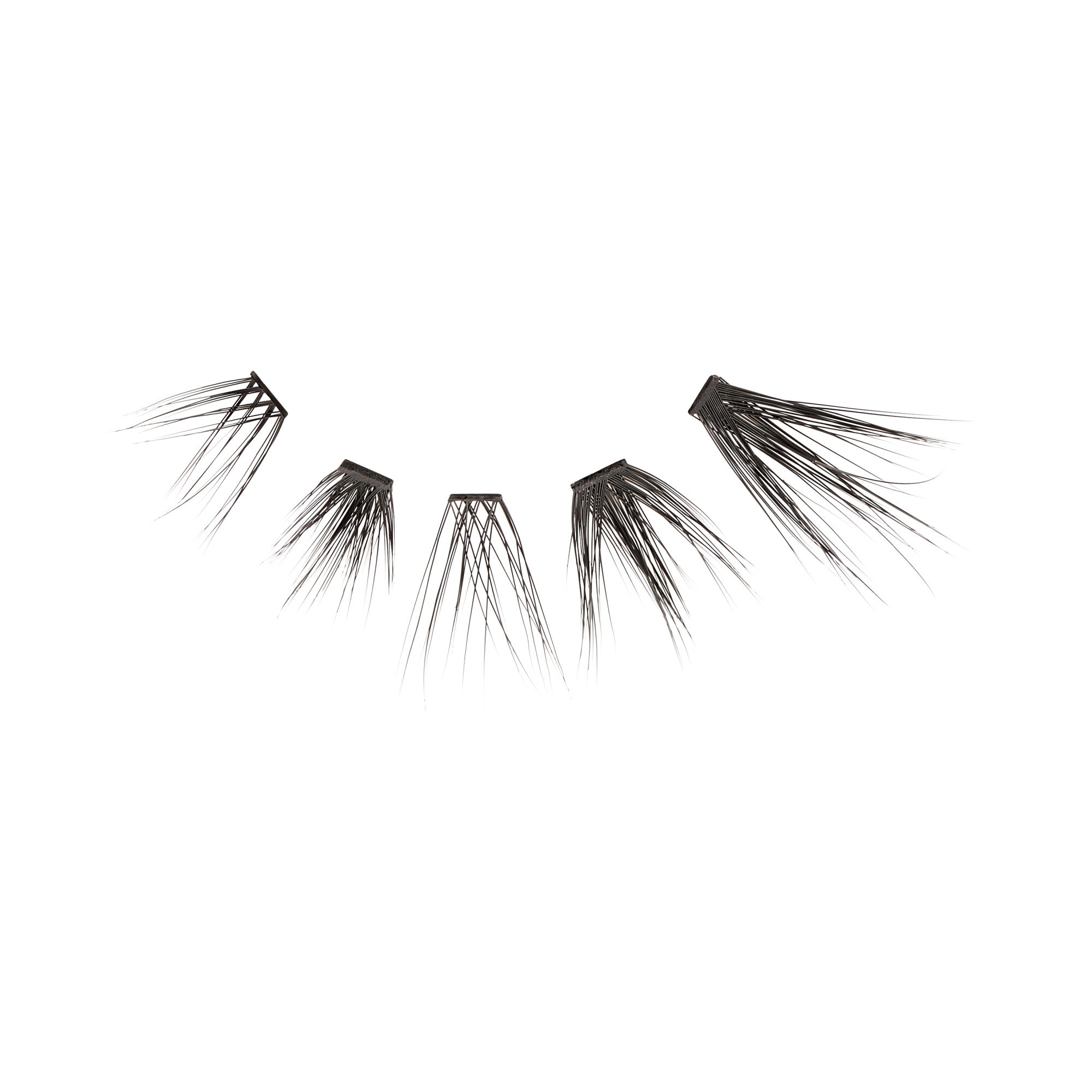 Five segments of black false eyelashes arranged in a crescent shape on a white background, designed for customizable lash mapping application.
