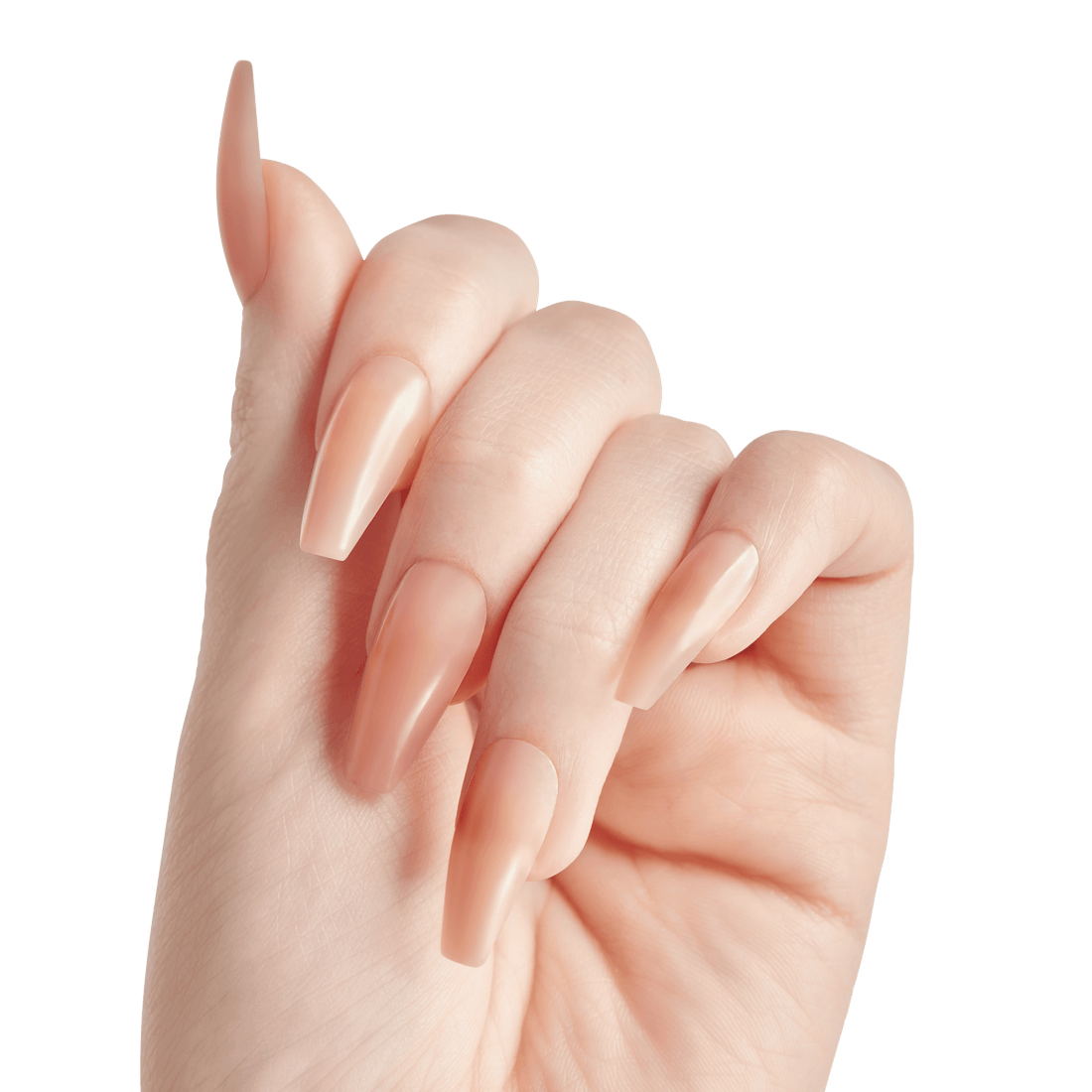 The image features a hand with long, elegantly shaped nails. The nails are styled in a soft, nude color, giving a polished and sophisticated appearance. The hand is positioned with the fingers slightly curled, showcasing the nails prominently against a plain white background. The overall look is clean and refined, emphasizing the beauty of the manicured nails.