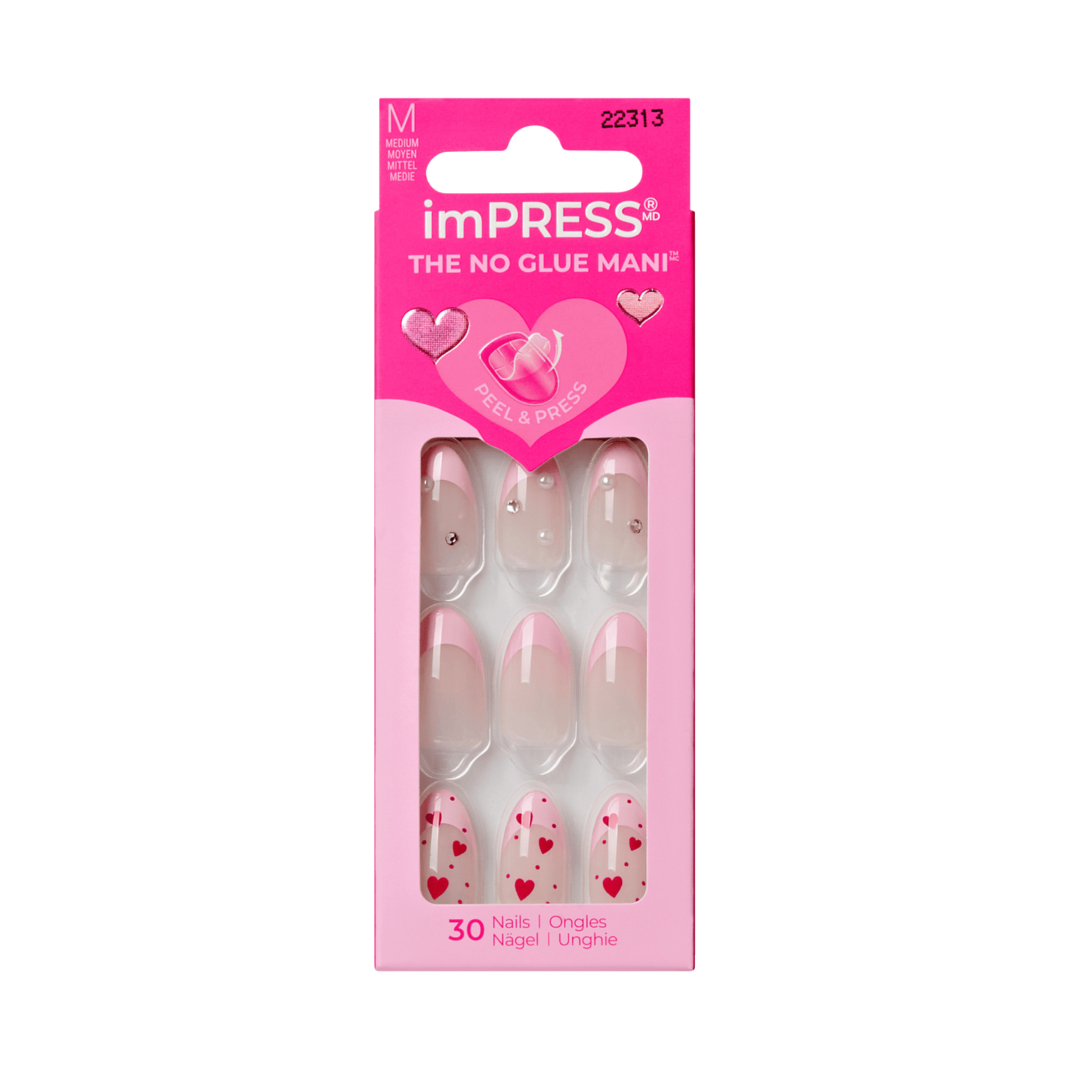 imPRESS No Glue Mani press-on nails, Medium size, heart design, 30 nails