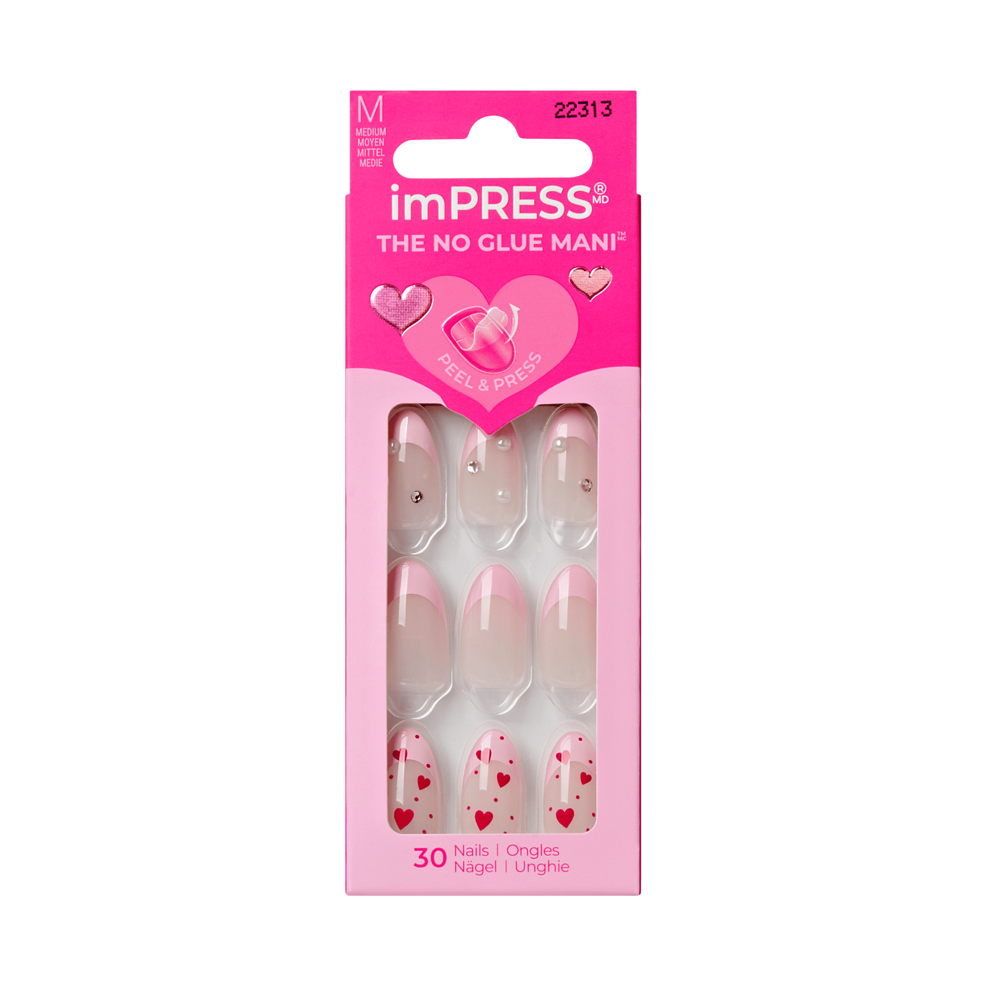 imPRESS No Glue Mani press-on nails, Medium size, heart design, 30 nails