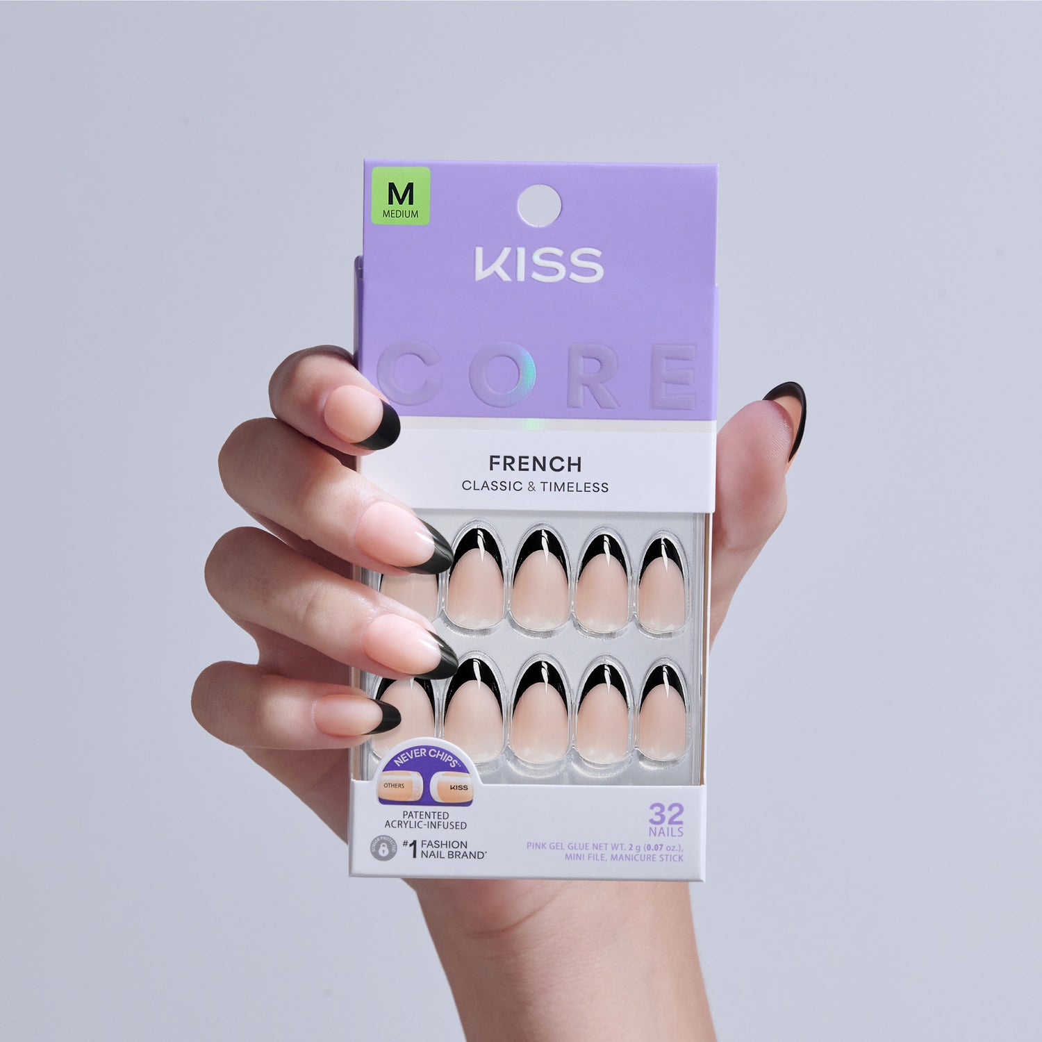 KISS Core French Nails, Medium, 32 nails with black and nude design