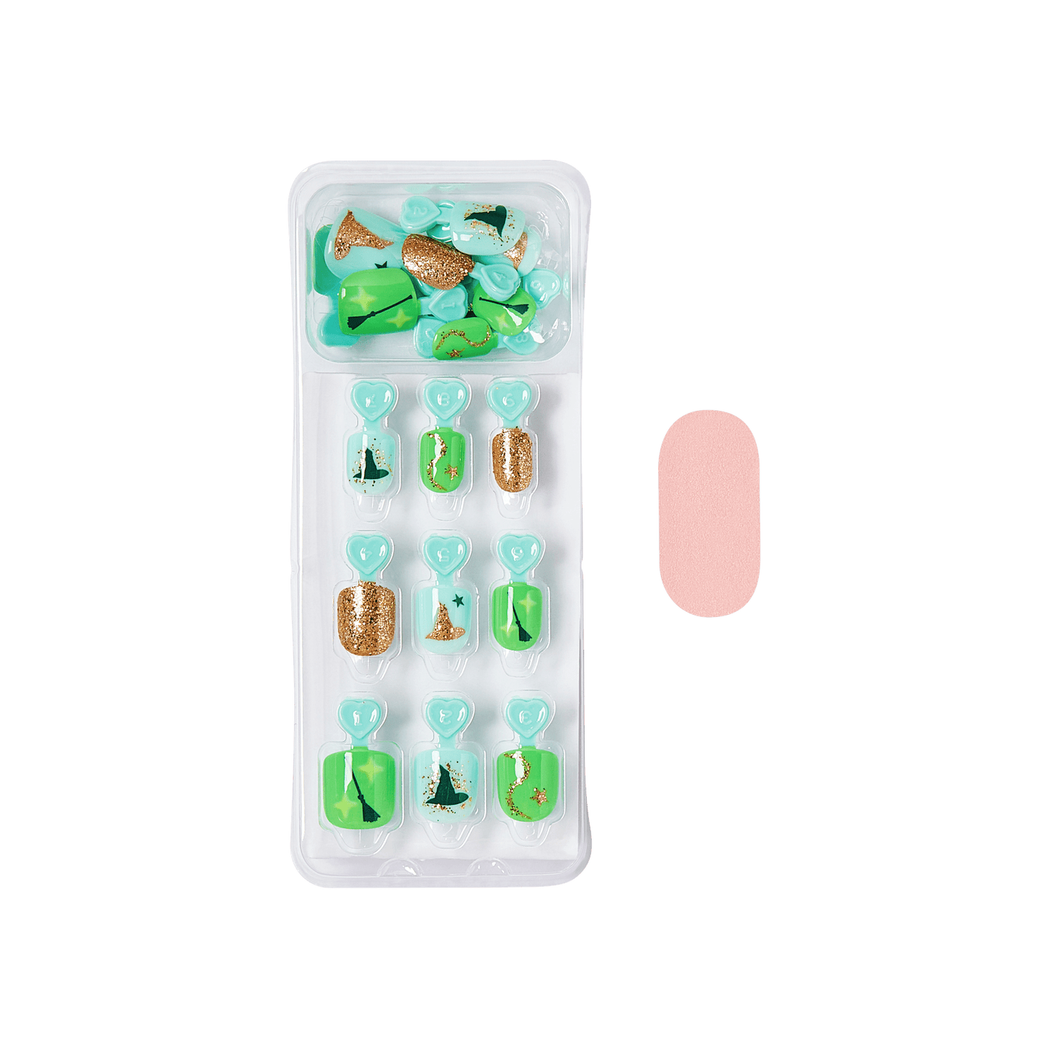Colorful press-on nail set with glitter and star designs, includes application tool.