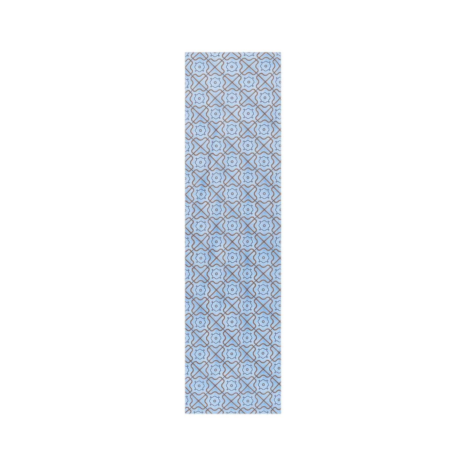 The image features a long, rectangular piece of fabric or paper with a repeating geometric pattern. The background is a light blue color, and the pattern consists of intricate shapes in darker shades, creating a visually appealing design. The overall look is symmetrical and decorative, suitable for various applications such as textiles, wallpapers, or craft projects.
