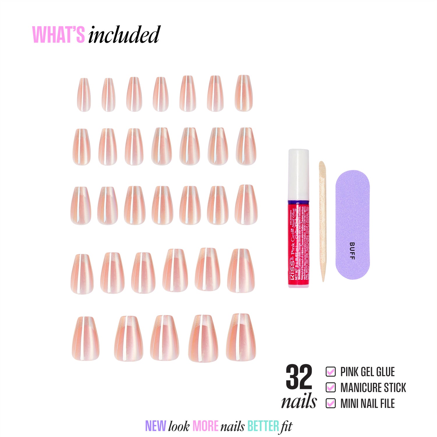 32 nude pearl press-on nails with gel glue, manicure stick, and file included.