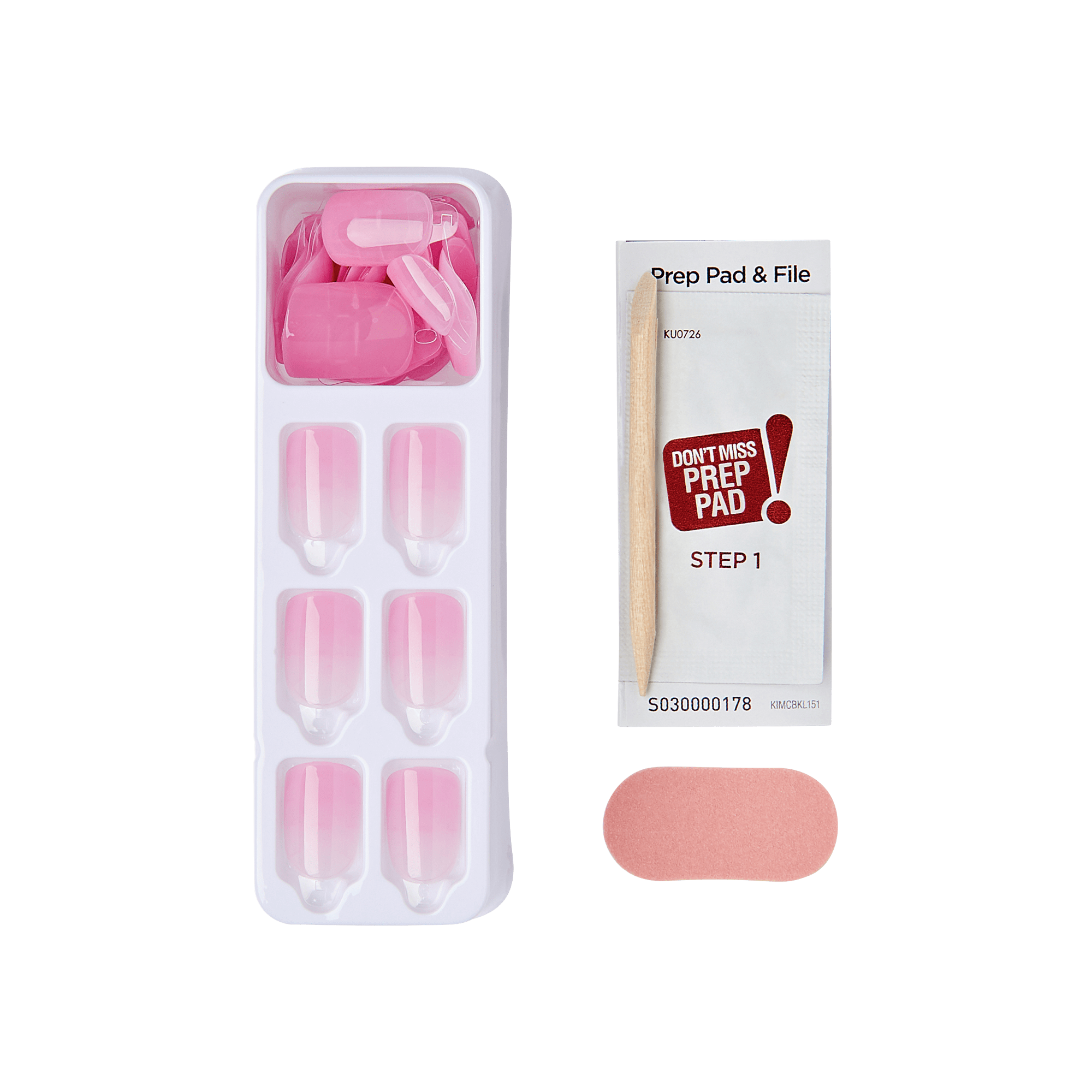 The image shows a set of items typically used for a manicure. The items include:

1. A white plastic tray containing six pink and white gradient false nails.
2. A small packet labeled "Prep Pad &amp; File" with instructions for "Step 1" and a warning "Don&