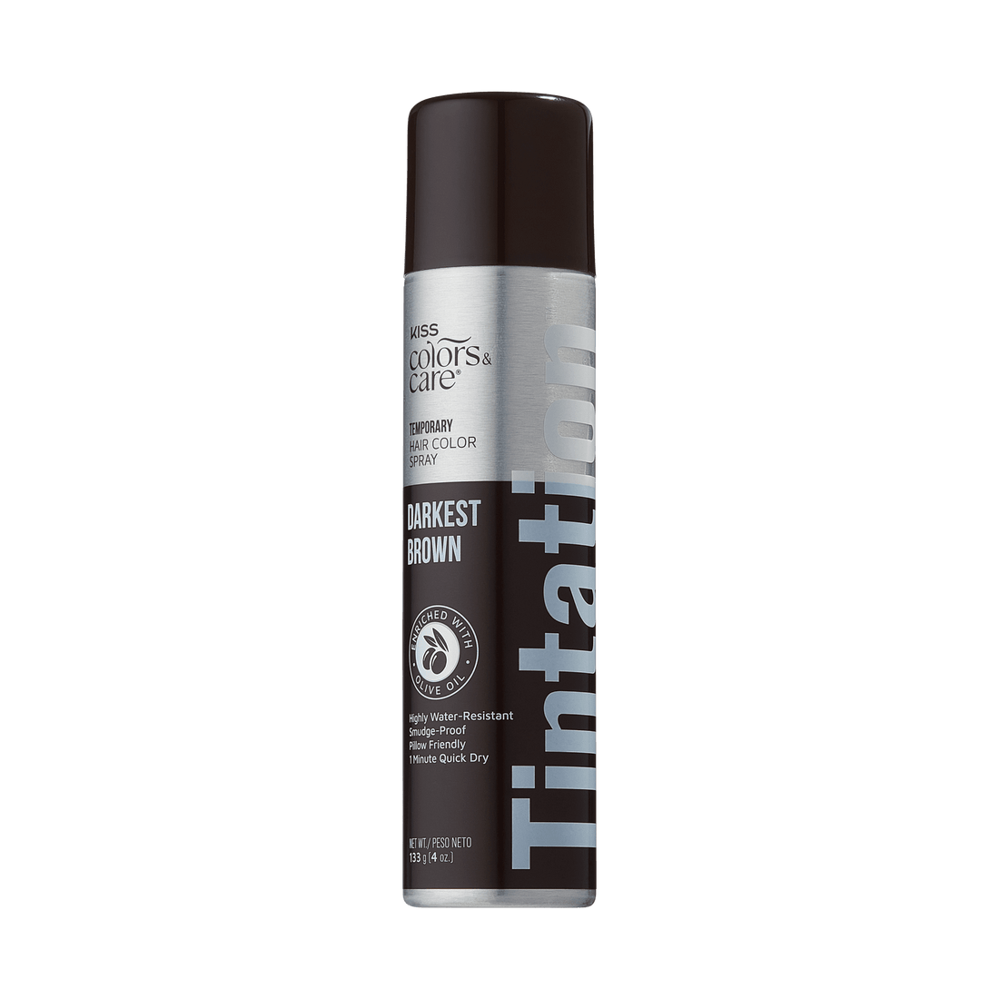The image features a can of temporary hair color spray from the brand Swiss Colors &amp; Care. The product is labeled "Tintation" and is specifically for the shade "Darkest Brown." The can has a sleek design with a silver base and a dark brown cap. It emphasizes that the spray is highly water-resistant, easy to apply, and dries quickly. The overall look is modern and professional, suitable for hair care products.