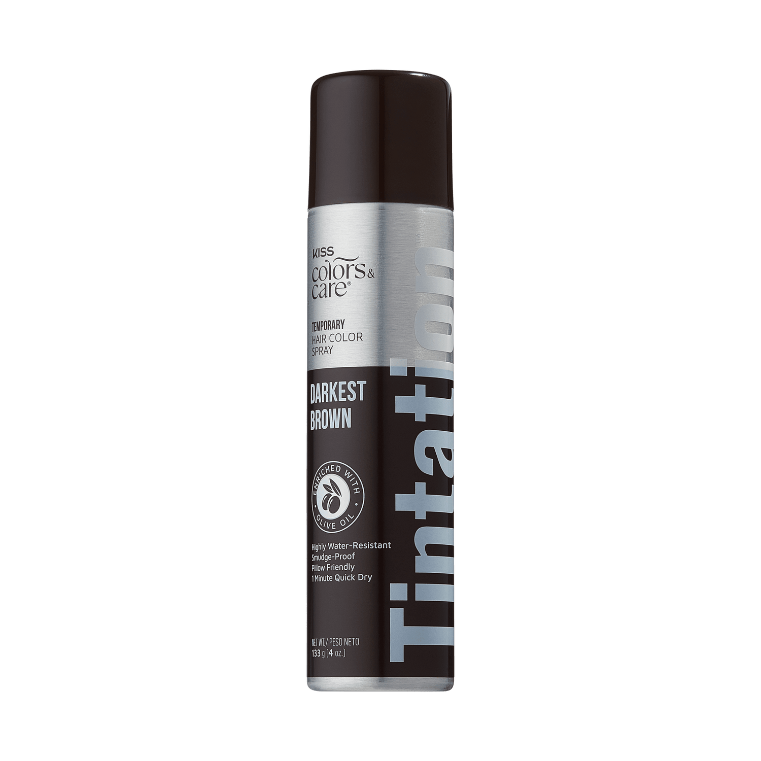 The image features a can of temporary hair color spray from the brand Swiss Colors &amp; Care. The product is labeled "Tintation" and is specifically for the shade "Darkest Brown." The can has a sleek design with a silver base and a dark brown cap. It emphasizes that the spray is highly water-resistant, easy to apply, and dries quickly. The overall look is modern and professional, suitable for hair care products.
