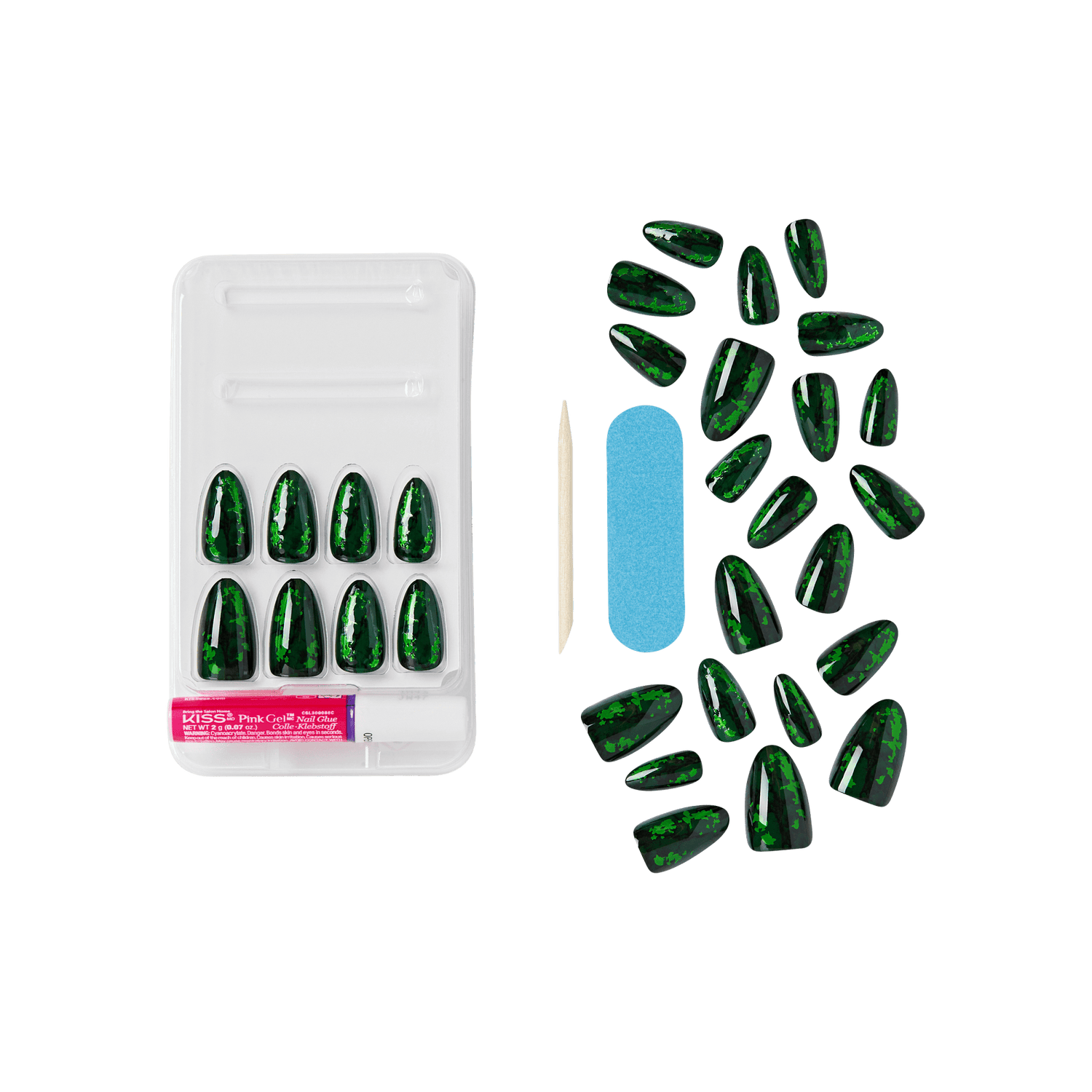 The image features a set of artificial nails displayed in a clear plastic case. The nails are a glossy dark green color with a shimmering, glittery finish. Alongside the nails, there is a wooden cuticle stick and a blue nail file. The arrangement includes several nails of various sizes, suitable for different finger sizes, and they are neatly organized within the case.