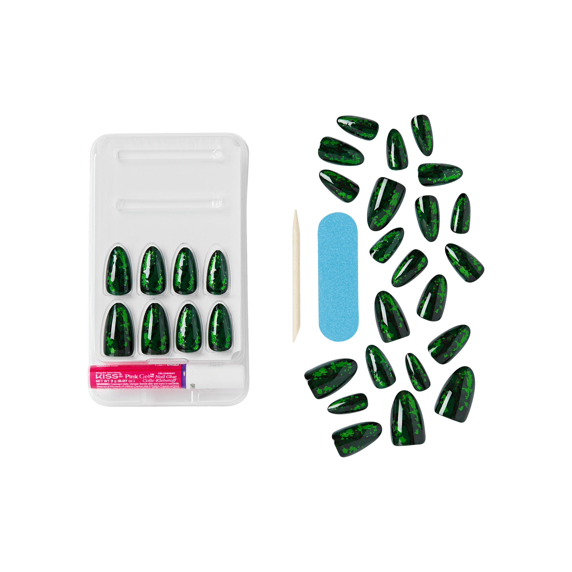 The image features a set of artificial nails displayed in a clear plastic case. The nails are a glossy dark green color with a shimmering, glittery finish. Alongside the nails, there is a wooden cuticle stick and a blue nail file. The arrangement includes several nails of various sizes, suitable for different finger sizes, and they are neatly organized within the case.