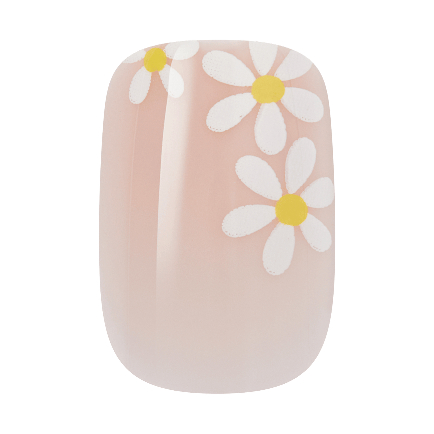 Nail polish with white daisy flowers and yellow centers on nude pink base