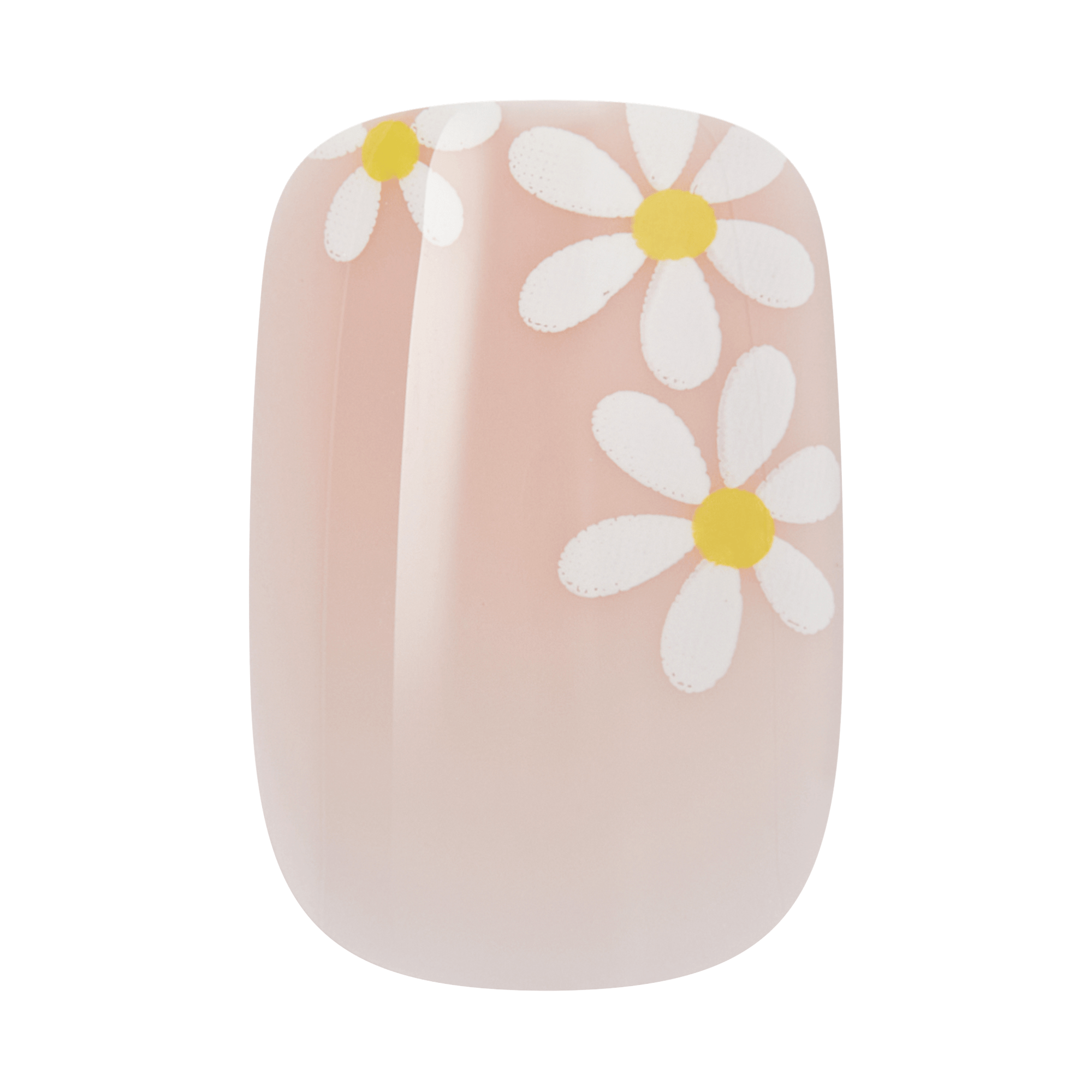 Nail polish with white daisy flowers and yellow centers on nude pink base