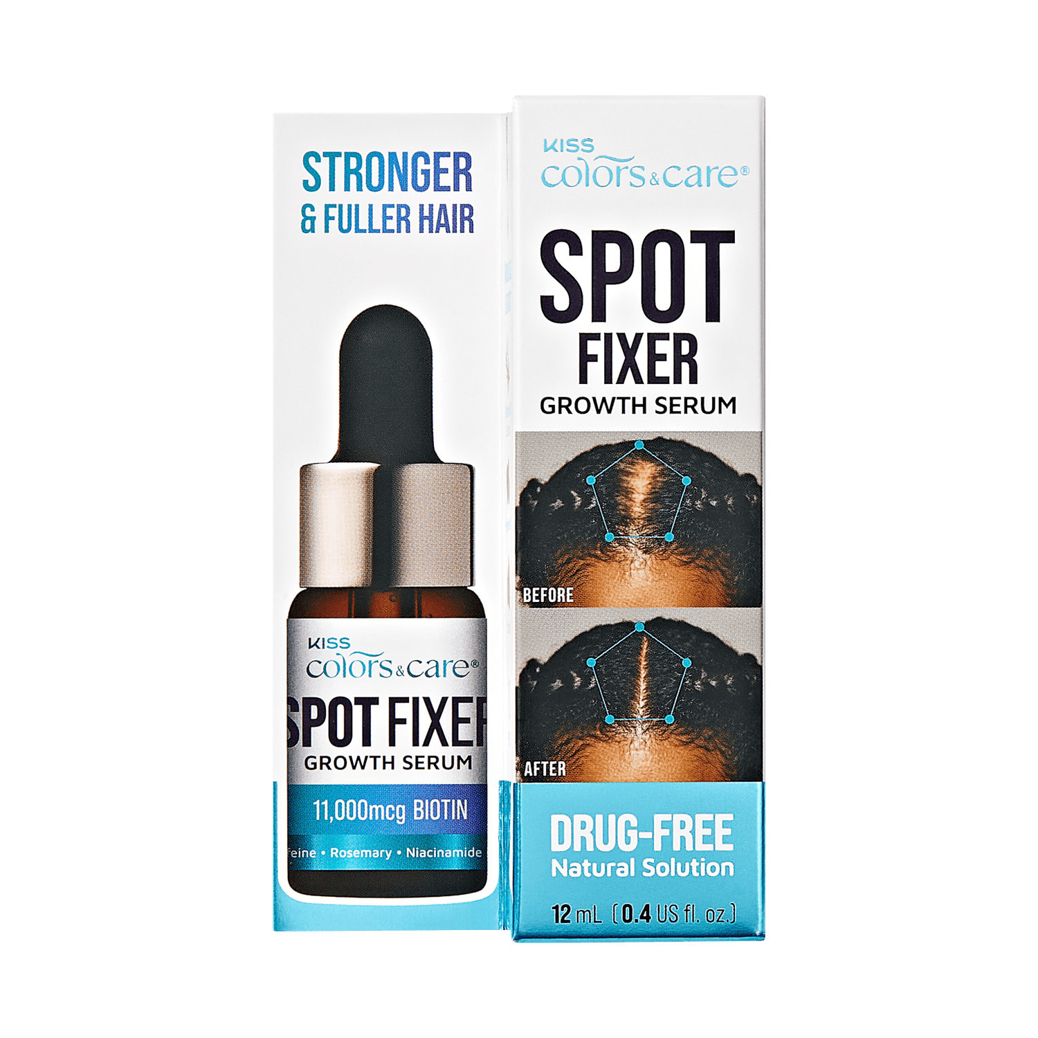 Kiss Colors &amp; Care Spot Fixer Growth Serum packaging with dropper bottle, highlights 11,000 mcg Biotin, drug-free natural solution, and before-after hair growth images.