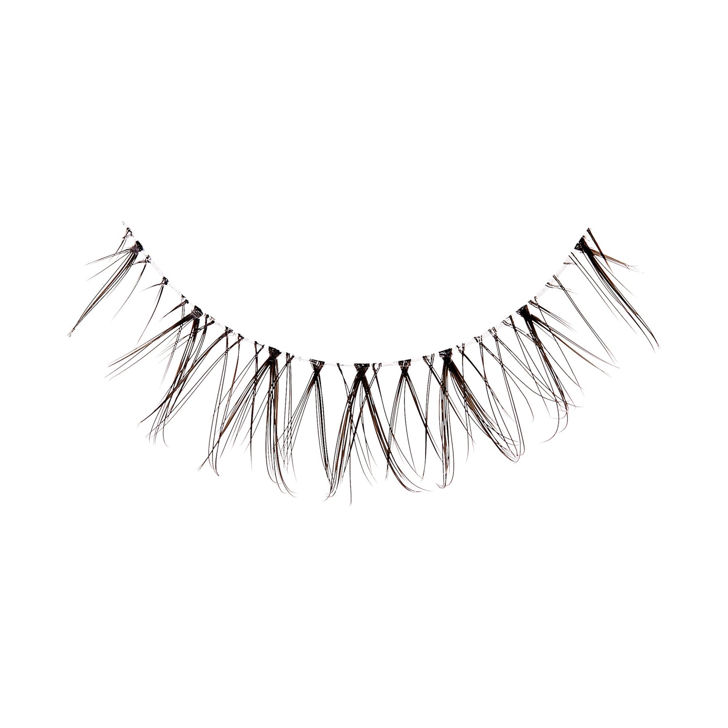 The image shows a single strip of false eyelashes. The eyelashes are arranged in a curved line, designed to mimic the natural shape of the eyelid. Each lash is long, thin, and slightly tapered, with a crisscross pattern at the base, giving them a wispy and voluminous appearance. The lashes are black and appear to be made of synthetic fibers. The background is plain white, highlighting the details of the eyelashes.