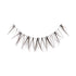 The image shows a single strip of false eyelashes. The eyelashes are arranged in a curved line, designed to mimic the natural shape of the eyelid. Each lash is long, thin, and slightly tapered, with a crisscross pattern at the base, giving them a wispy and voluminous appearance. The lashes are black and appear to be made of synthetic fibers. The background is plain white, highlighting the details of the eyelashes.