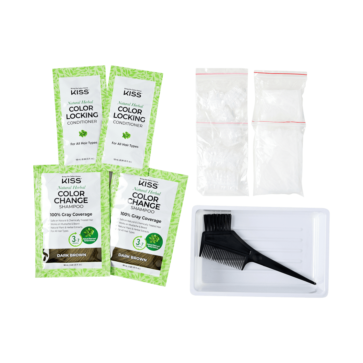 KISS Color Change shampoo dye and color locking conditioner sachets in dark brown, with gloves, powder packets, and a brush on a white tray.