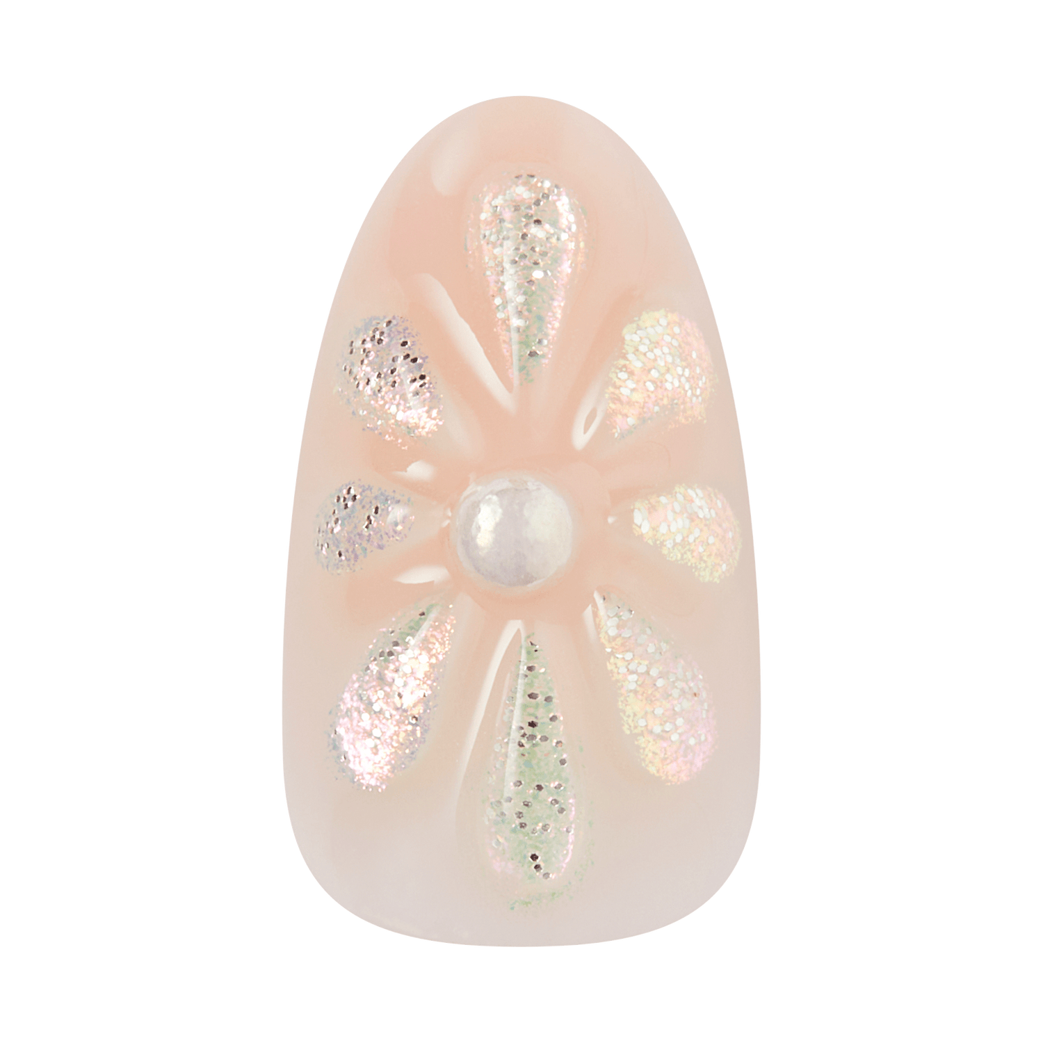 Almond-shaped nail art with glitter accents and pearl center stone on nude base.