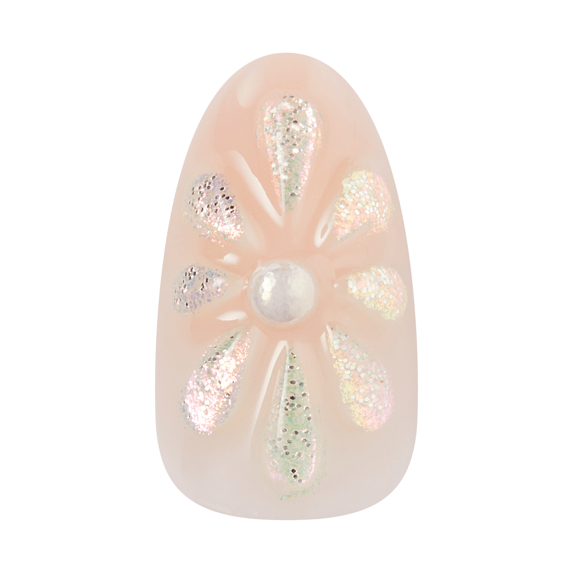 Almond-shaped nail art with glitter accents and pearl center stone on nude base.