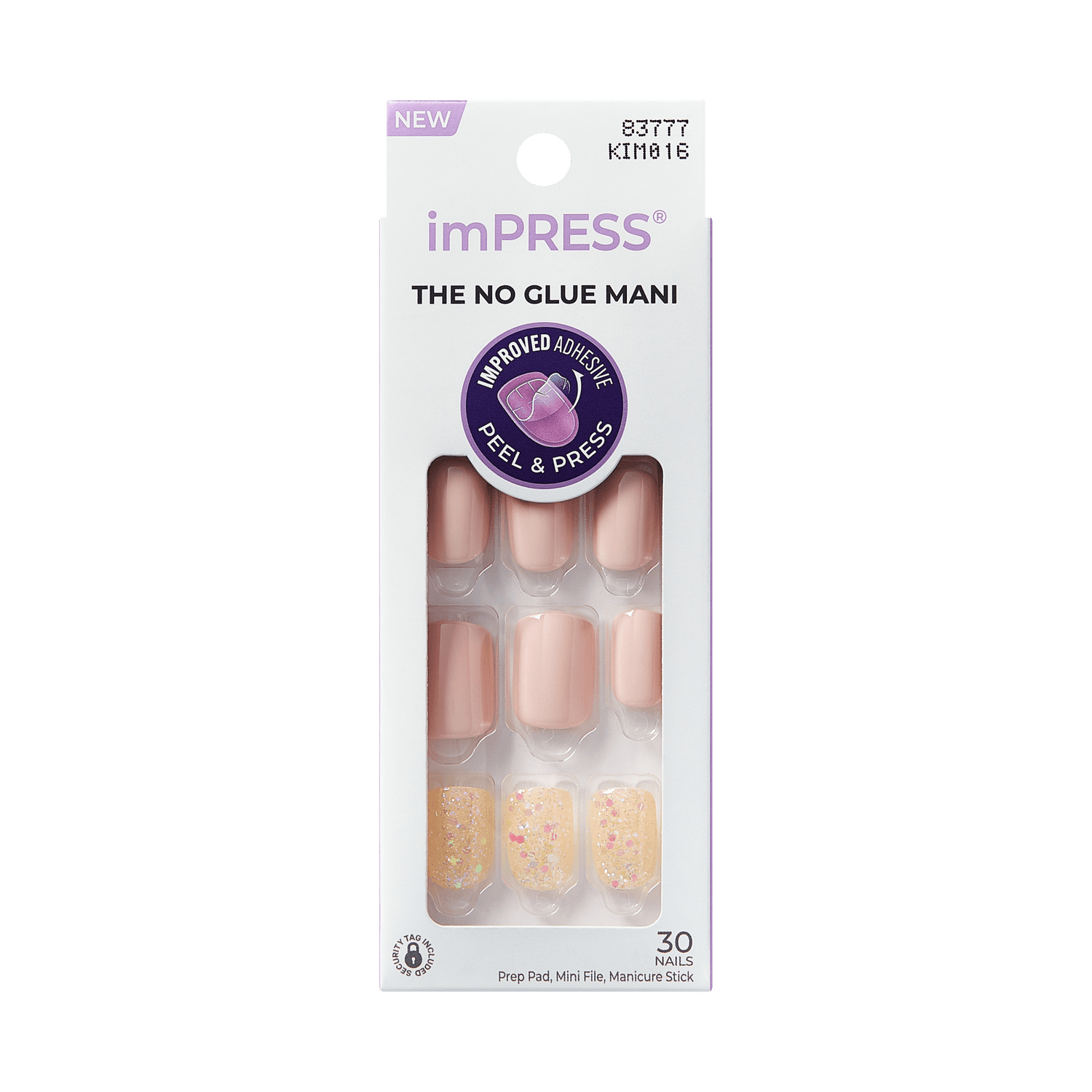 imPRESS press-on nails in soft pink and glittery beige tones shown in packaging labeled \
