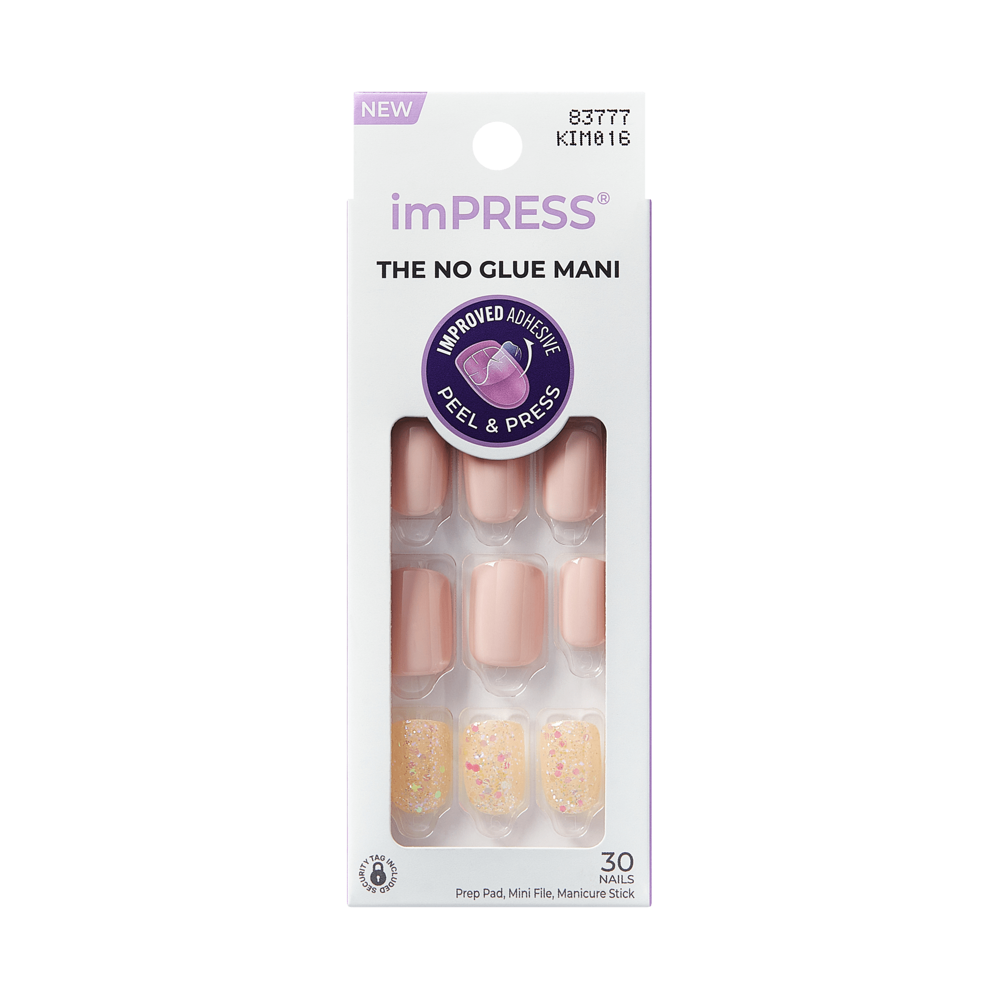 imPRESS press-on nails in soft pink and glittery beige tones shown in packaging labeled \