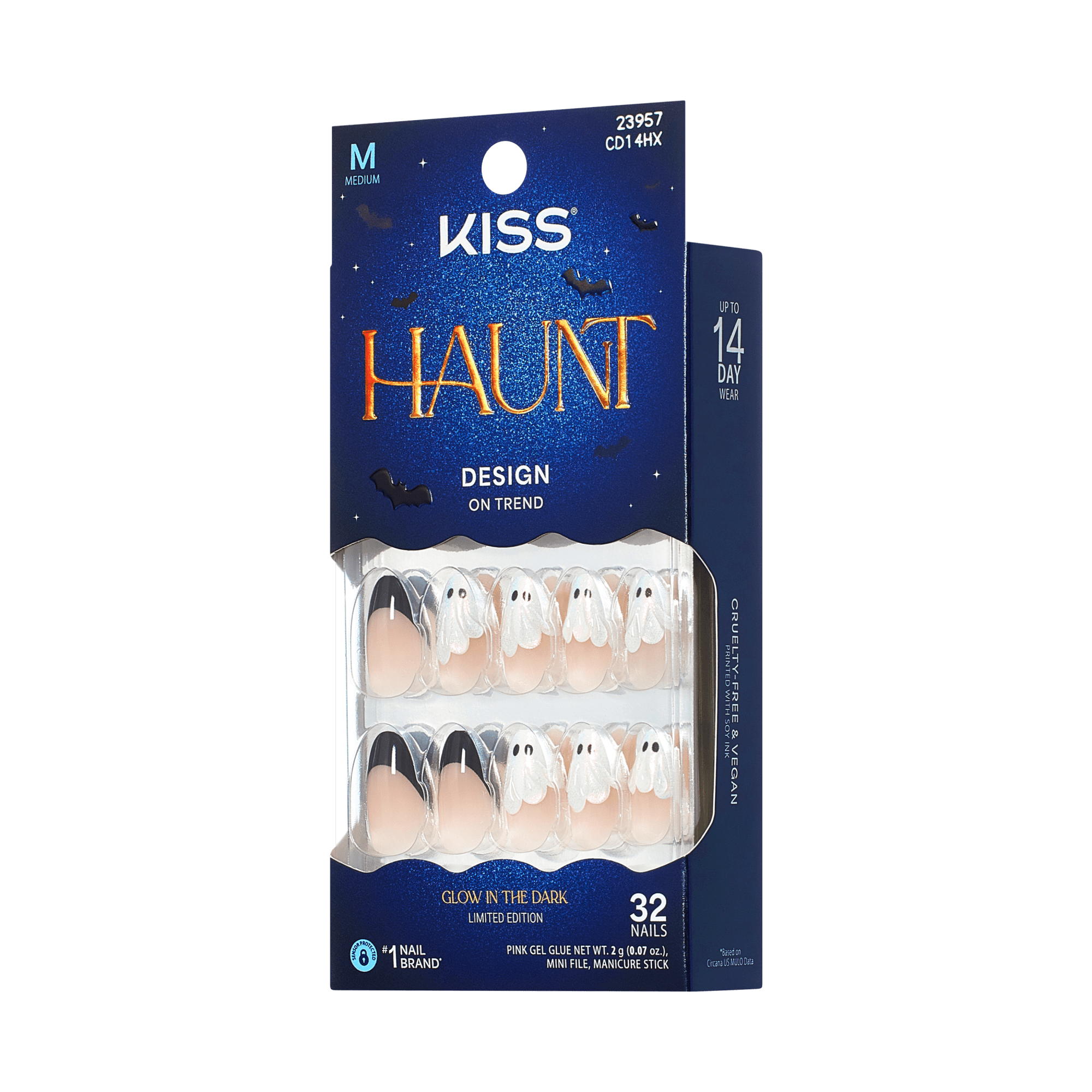 Kiss Haunt Halloween Press On Fake Glue Nails - Midnight Makeover | French Design, Black &amp; White, Medium, Almond, Glow In The Dark
