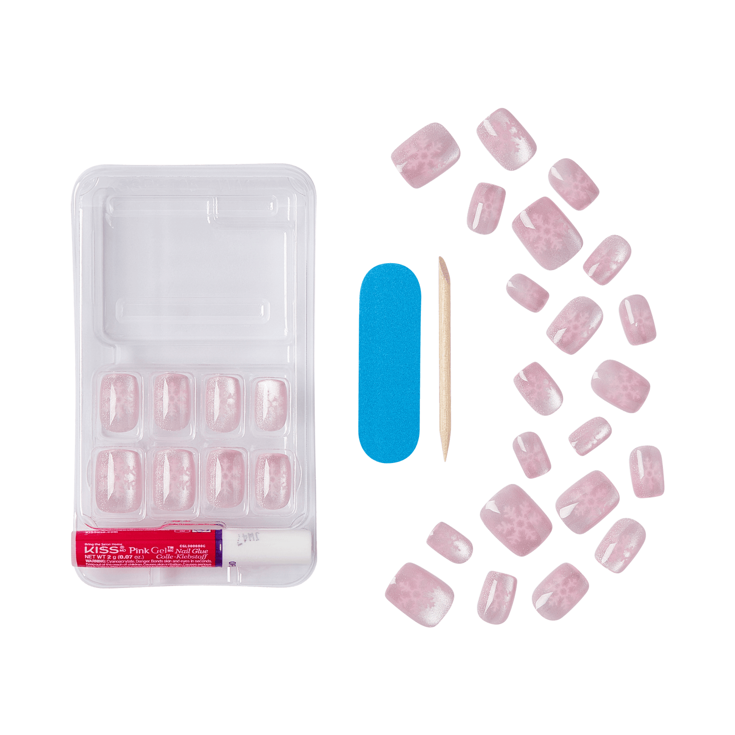 Set of 20 pink frosted press-on nails with white snowflake designs, nail glue, blue nail file, and wooden cuticle stick on clear plastic tray.