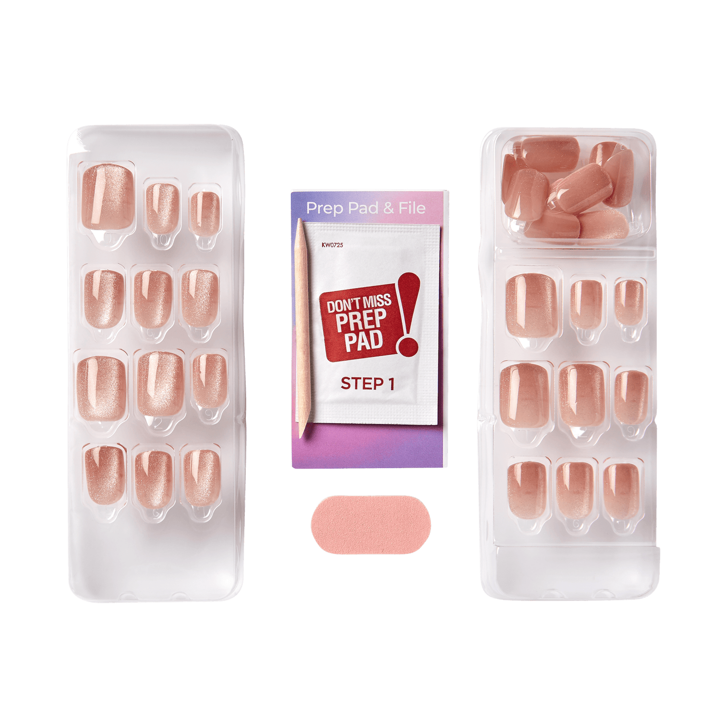 Rose gold press-on nails with prep pad and file kit, 12 nails per pack.