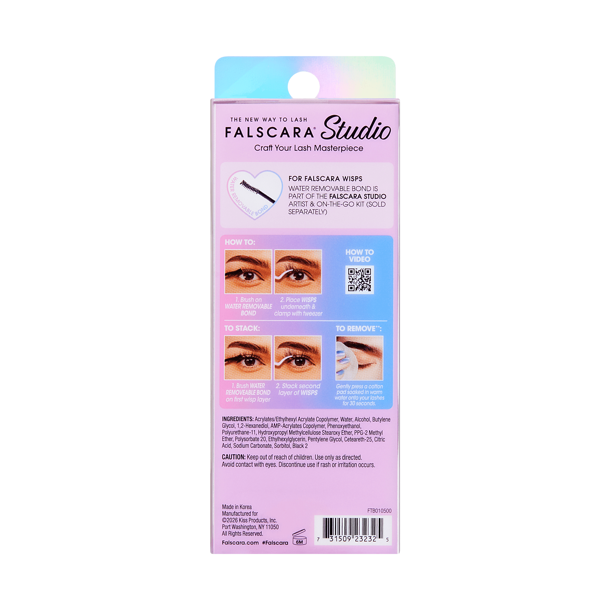 Falscara Studio lash kit packaging with application instructions and ingredients list.