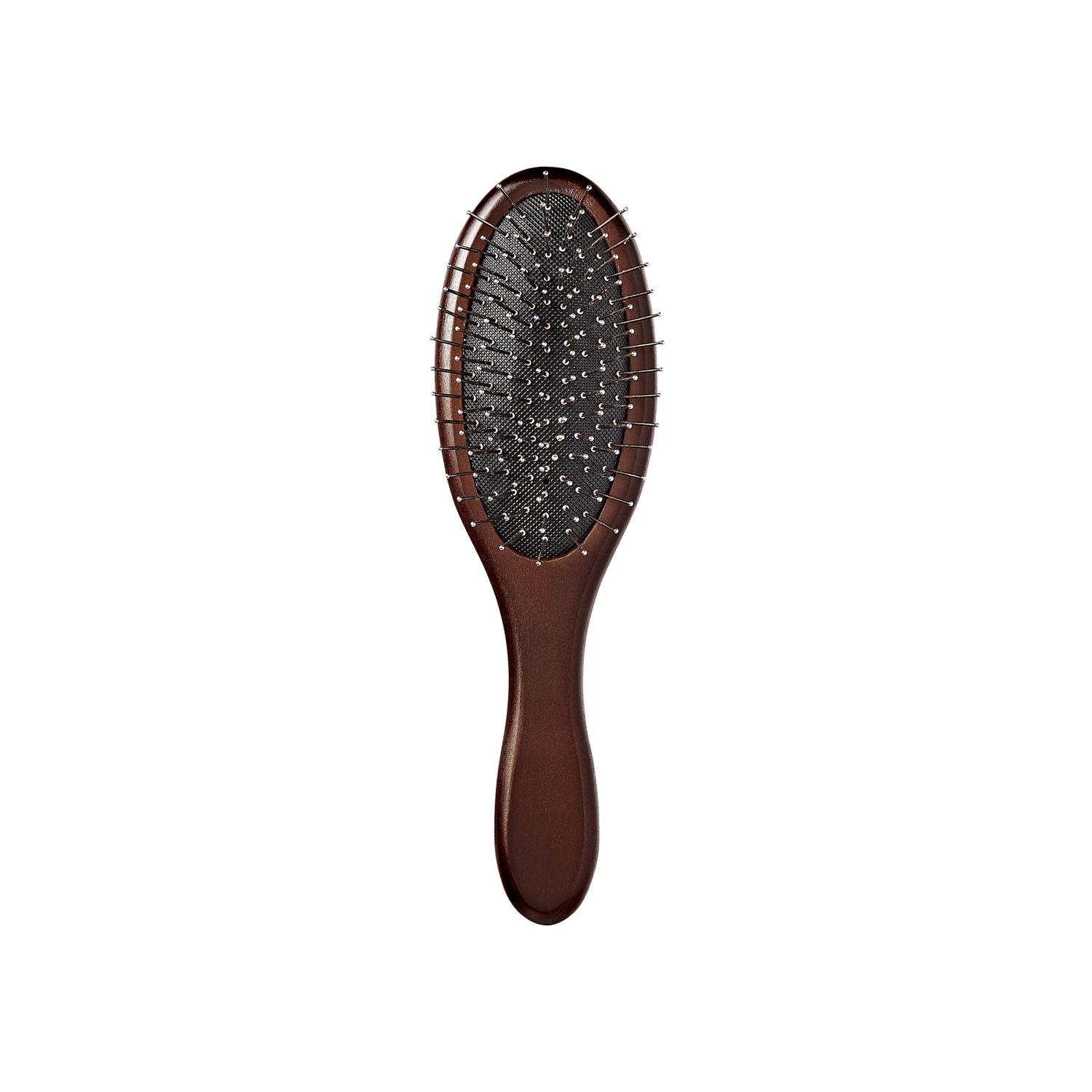 Wooden wig brush with a dark brown handle and oval head featuring flexible metal bristles with rounded tips on a black cushion base.