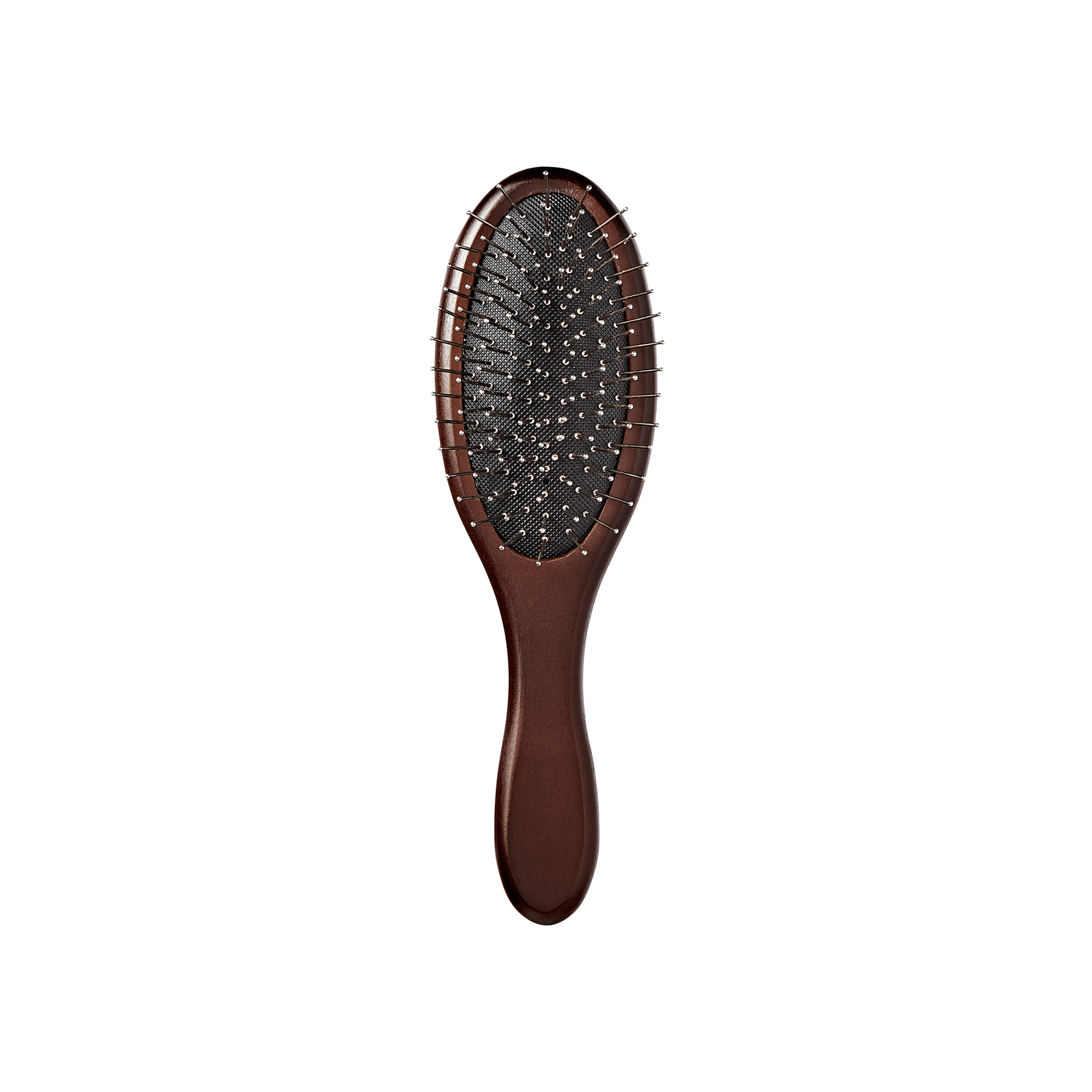 Wooden wig brush with a dark brown handle and oval head featuring flexible metal bristles with rounded tips on a black cushion base.