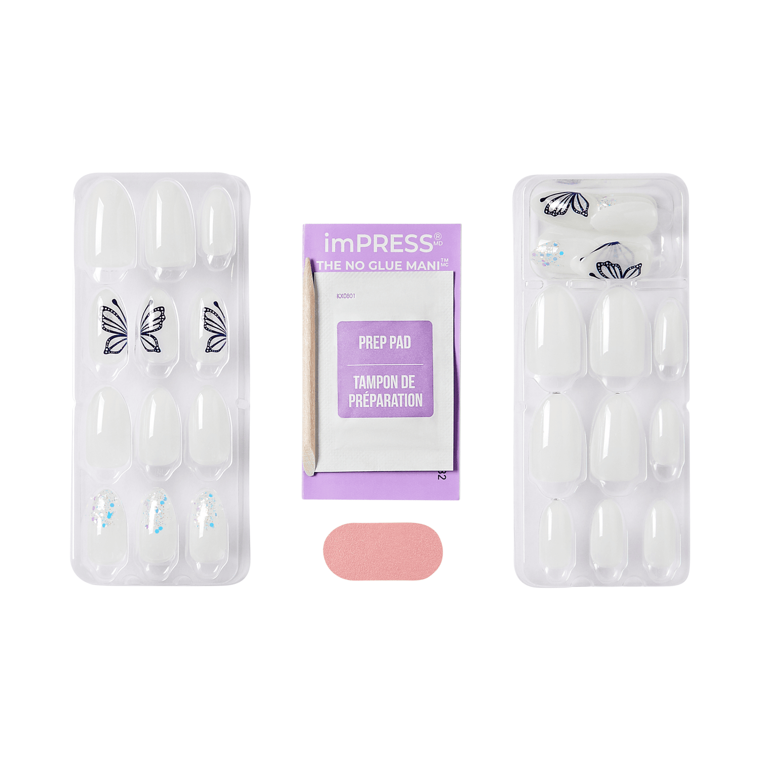 The image features a set of artificial nails packaged in two clear plastic trays. The left tray contains white nails adorned with butterfly designs, while the right tray holds white nails with a sparkling accent. In the center, there is a prep pad for nail preparation, along with a small pink adhesive strip. The overall presentation suggests a DIY manicure kit that emphasizes ease of use without the need for glue.
